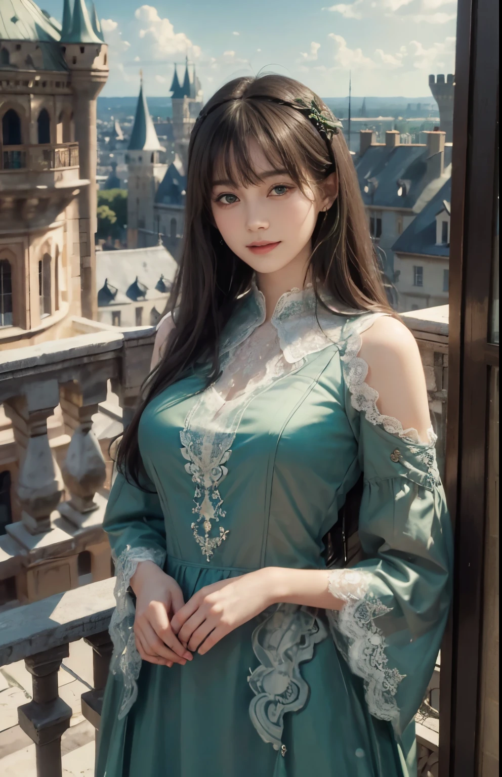 (Surrealism)、(Enlightenment)、(high resolution)、(8K)、(Best Illustration)、(The eye details are exquisite)、(top quality)、(Super detailed)、(masterpiece)、(wallpaper)、(a delicate face)、alone、looking at the audience、a delicate face、purebred face_v1、a smile、 long hair、plump breasts、46 points oblique bangs、((green lace dress))、((Beautiful woman standing on the balcony of the castle))
