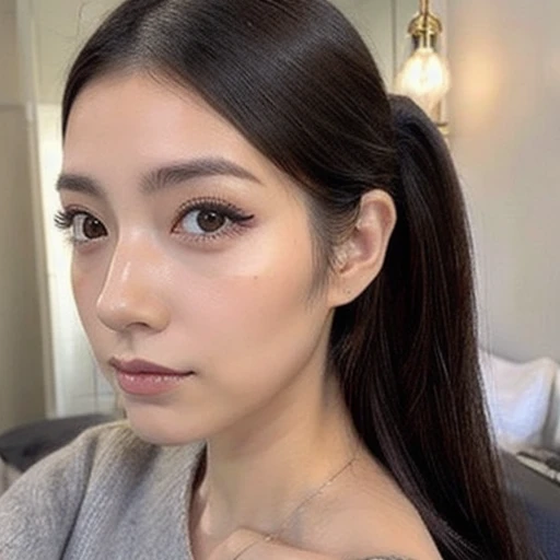 japanese woman、１８age、one&#39;s home、Selfie style、Upper body projection、Below average face、ponytail、face with makeup、old face、Ugly、Ugly、dark look、black eyes