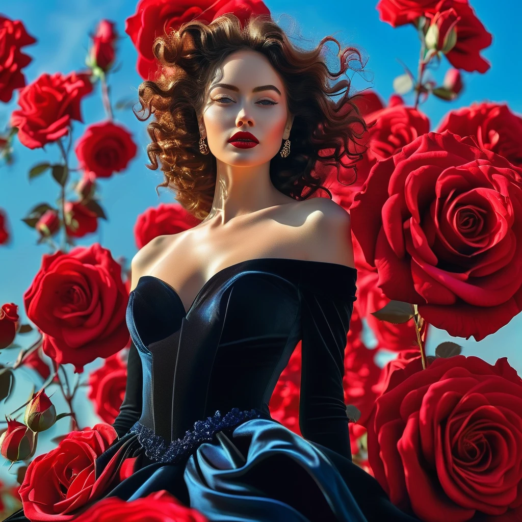 32k full-body abstract photo，bright detail，A beautiful woman in a black dress, Coated with curly red rose granules, Blue sky palette, James Jean, insanely details, Very detailed, Epic, Dramatic, Photorealistic, Photography, Super gorgeous details, Bokeh, Special, Ultra detail, unreal