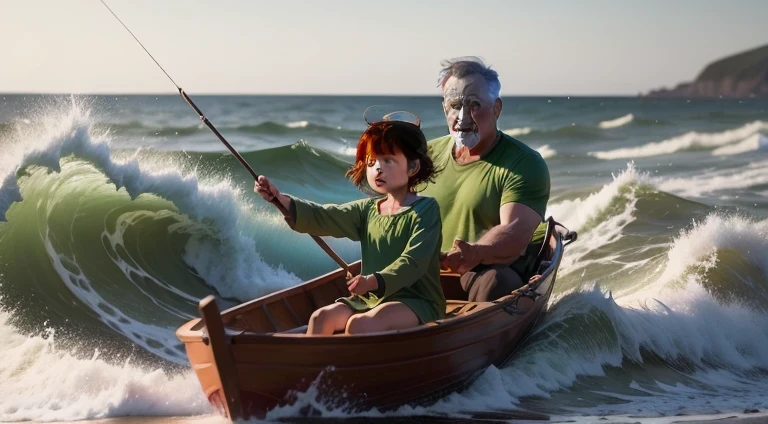 Do a 6-year-old GIRL in a small boat with FATHER AT rough seas wearing a green shirt and adventurer's outfit.