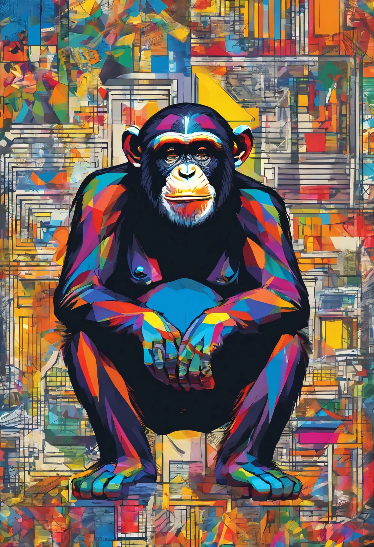 ( a chimpanzee ),(melhor pose),(best angle), (best expression), Eduardo Kobra,Romero Brito acolchoamento ,multidimensional geometric wall PORTRAIT, until, chibi,Yang08k, lindo, Coloring,512 mil