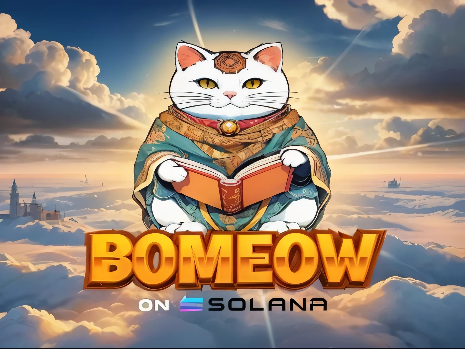 a cat sitting on top of a book in the sky, Abomasnow, OTW, arte oficialwork, tristeza, vista ampla, pumpkin, low angle view, ossudo, manhwa, Shonen, sora as a cat, fanart oficial, sentado, quanto, game logo, arte brom, Brom Arte Digital, arte oficial