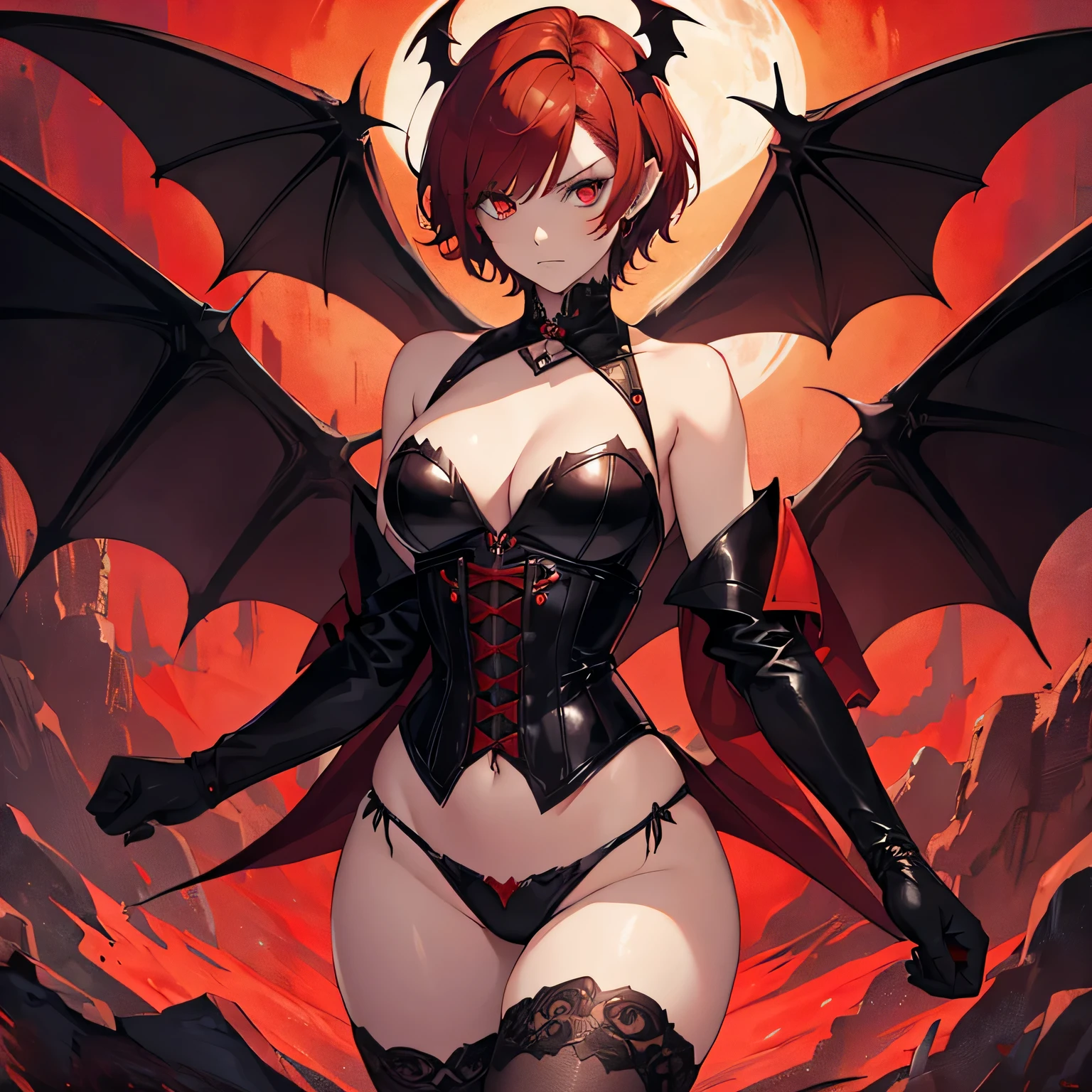 1 , succubus, castlevania, (((short hair))), (((short hair)))), red hair, redhead, bat wings, big wings, big bat wings castlevania, 30 years old, black corset, look of malice, angry  look, exposed body, showing body, dinamic angle,art,devil girl,devil ,red