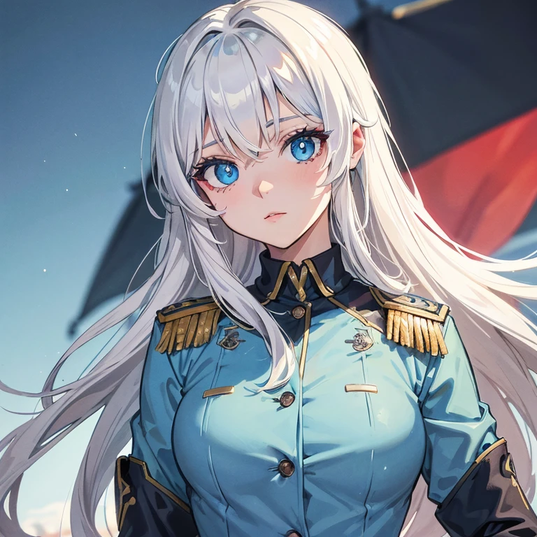Uma linda em 2d, ela tem o cabelo branco, she has heterochromia and her left eye is red and her right eye is blue, ela usa um uniforme militar na cor roxa