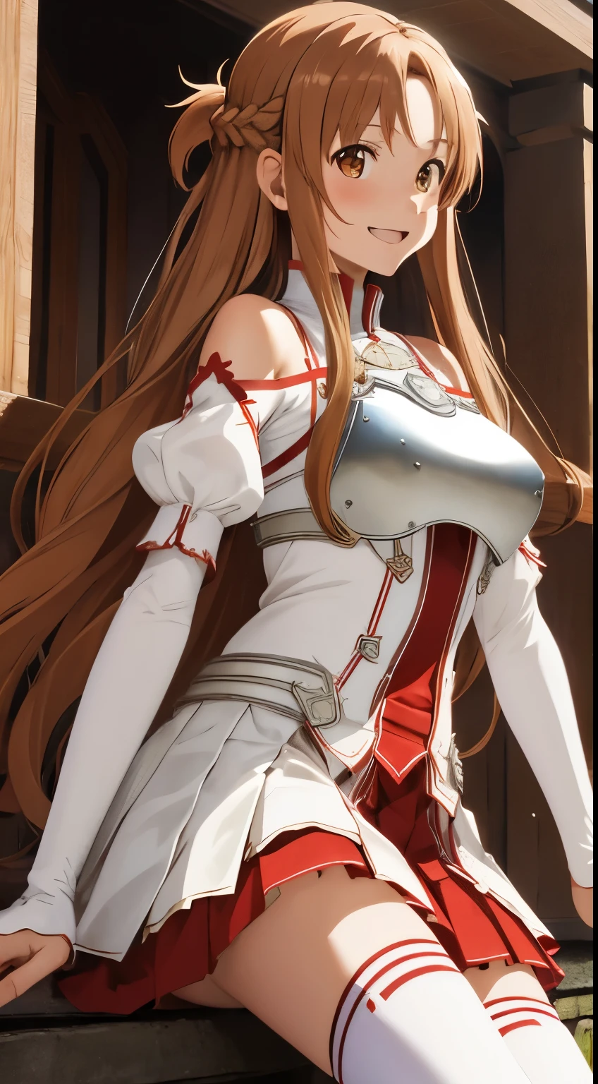 masterpiece, best quality, highres, aaasuna, long hair, brown hair, braid, brown eyes, bare shoulders, armor, breastplate, white sleeves, detached sleeves, red skirt, pleated skirt, white thighhighs, waving, smile, leaning forward, open mouth, town, fantasy