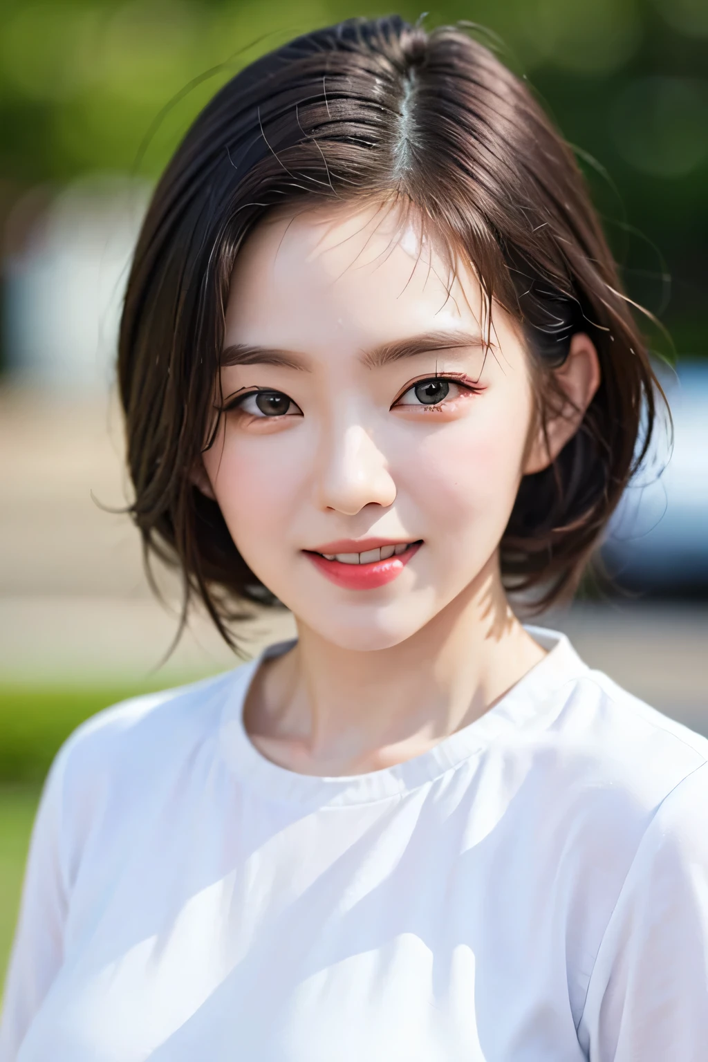 extremely detailed eyes, extremely detailed face, best quality ,masterpiece, extremely detailed, ultra-detailed, (realistic, photo-realistic:1.3), smile, (facing front), looking at viewer, white shirt, sunny day, outdoor, 1girl upperbody