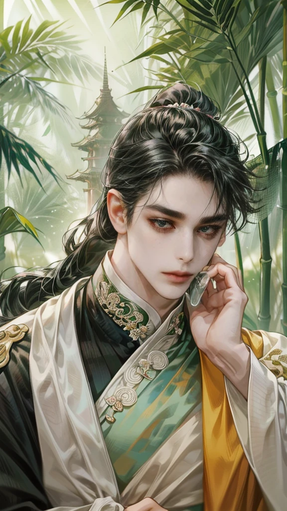 beautiful youth, a bright smile,All green clothing,(absurdres, highres, ultra detailed, HDR), masterpiece, best quality, (1 boy) , boy character ,((Thick ,black, long hair)),beautiful face,detailed interior, detailed character,((man)),(male in bamboo forest), black hair,he smile,1man,the house of ancient China, beautiful man with long black hair and black eyes,((solo man)),long hair,((he has a Big eyes, charming lips, slim nose and small face)),(A thin man wore a green Chinese robe and had his hair pulled back in a ponytail),(thin body),position,ponytied it with accessories,(Men with small, narrow shoulders),ponytied with accessories,one boy,eyes focus, beautiful eyes, Man ties his hair in a ponytail,green chinese dress,He holds a folding fan front face,sweet looking,sweet pretty face,slim body,black hair, black eyes, hanfu, (folding fan:1.2), martial arts, blood, bamboo forest, enemy