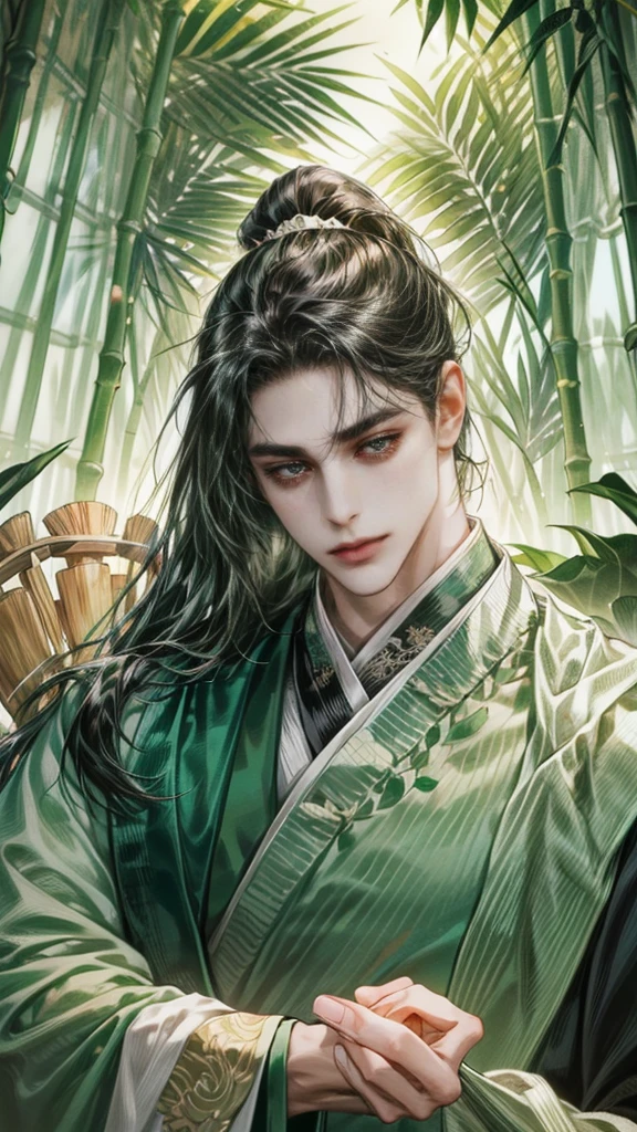 beautiful youth, a bright smile,All green clothing,(absurdres, highres, ultra detailed, HDR), masterpiece, best quality, (1 boy) , boy character ,((Thick ,black, long hair)),beautiful face,detailed interior, detailed character,((man)),(male in bamboo forest), black hair,he smile,1man,the house of ancient China, beautiful man with long black hair and black eyes,((solo man)),long hair,((he has a Big eyes, charming lips, slim nose and small face)),(A thin man wore a green Chinese robe and had his hair pulled back in a ponytail),(thin body),position,ponytied it with accessories,(Men with small, narrow shoulders),ponytied with accessories,one boy,eyes focus, beautiful eyes, Man ties his hair in a ponytail,green chinese dress,He holds a folding fan front face,sweet looking,sweet pretty face,slim body,black hair, black eyes, hanfu, (folding fan:1.2), martial arts, blood, bamboo forest, enemy