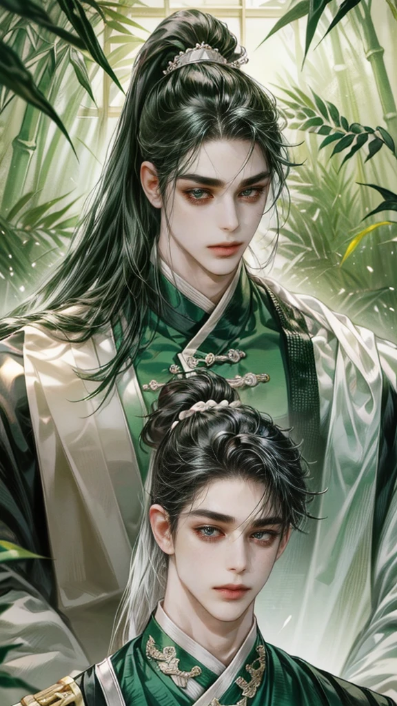 beautiful youth, a bright smile,All green clothing,(absurdres, highres, ultra detailed, HDR), masterpiece, best quality, (1 boy) , boy character ,((Thick ,black, long hair)),beautiful face,detailed interior, detailed character,((man)),(male in bamboo forest), black hair,he smile,1man,the house of ancient China, beautiful man with long black hair and black eyes,((solo man)),long hair,((he has a Big eyes, charming lips, slim nose and small face)),(A thin man wore a green Chinese robe and had his hair pulled back in a ponytail),(thin body),position,ponytied it with accessories,(Men with small, narrow shoulders),ponytied with accessories,one boy,eyes focus, beautiful eyes, Man ties his hair in a ponytail,green chinese dress,He holds a folding fan front face,sweet looking,sweet pretty face,slim body,black hair, black eyes, hanfu, (folding fan:1.2), martial arts, blood, bamboo forest, enemy