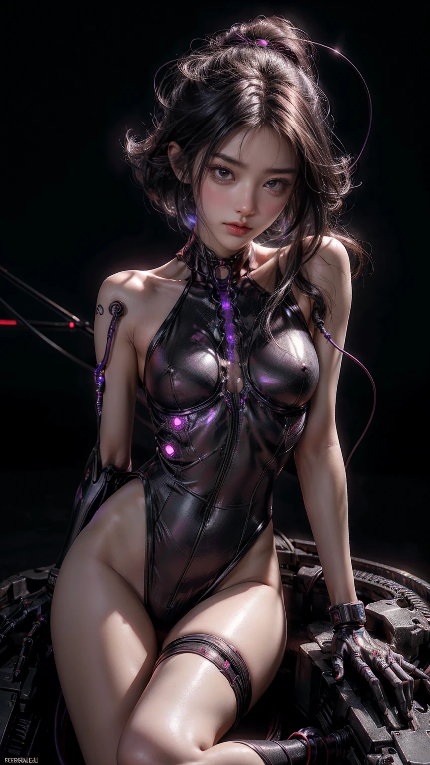 Top quality, Masterpiece, ultra high resolution, (Photorealistic: 1.4), RAW photo, 1 girl, Black hair, Glossy glossy skin, 1 mechanical girl, (hyper realistic detailed)), Portrait, Global illumination, Shadows, Octane rendering, 8K, ultrasharp, , Cleavage Exposed Raw Skin, metal, Intricate Ornament Details, Japan Details, very complex details, Realistic light, CGSoation trend, Purple eyes, Glowing eyes, Facing the camera, neon light detail, Mechanical limbs, Blood vessels connected to the tube, Mechanical vertebrae attached to the back, mechanical cervical attachment to the neck, Sitting, wires and cables connecting to head, Evangelion, small led lights,