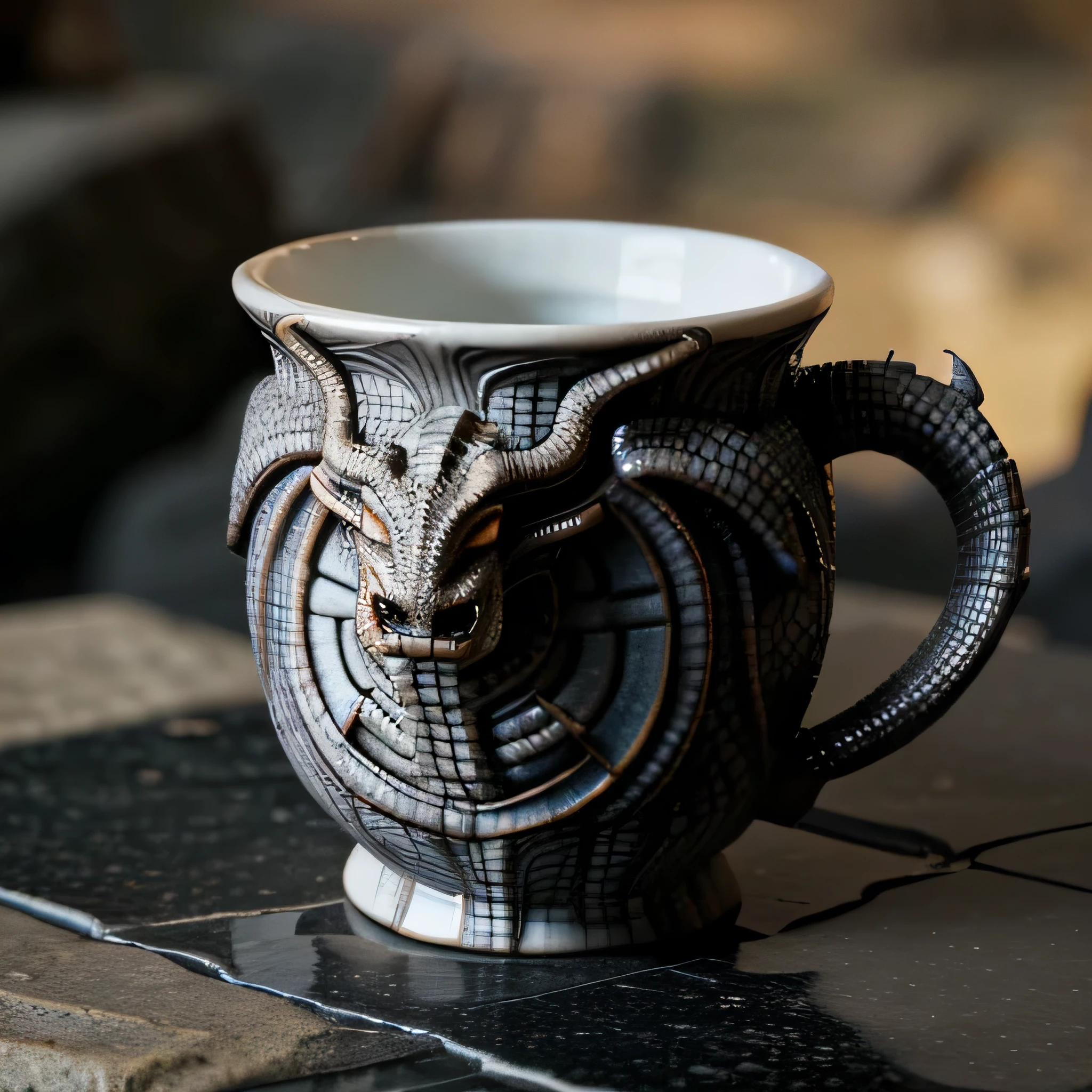 dragon pattern cup, the dragon's head is in the middle, the cup is on the stone, the dragon's body surrounds the cup