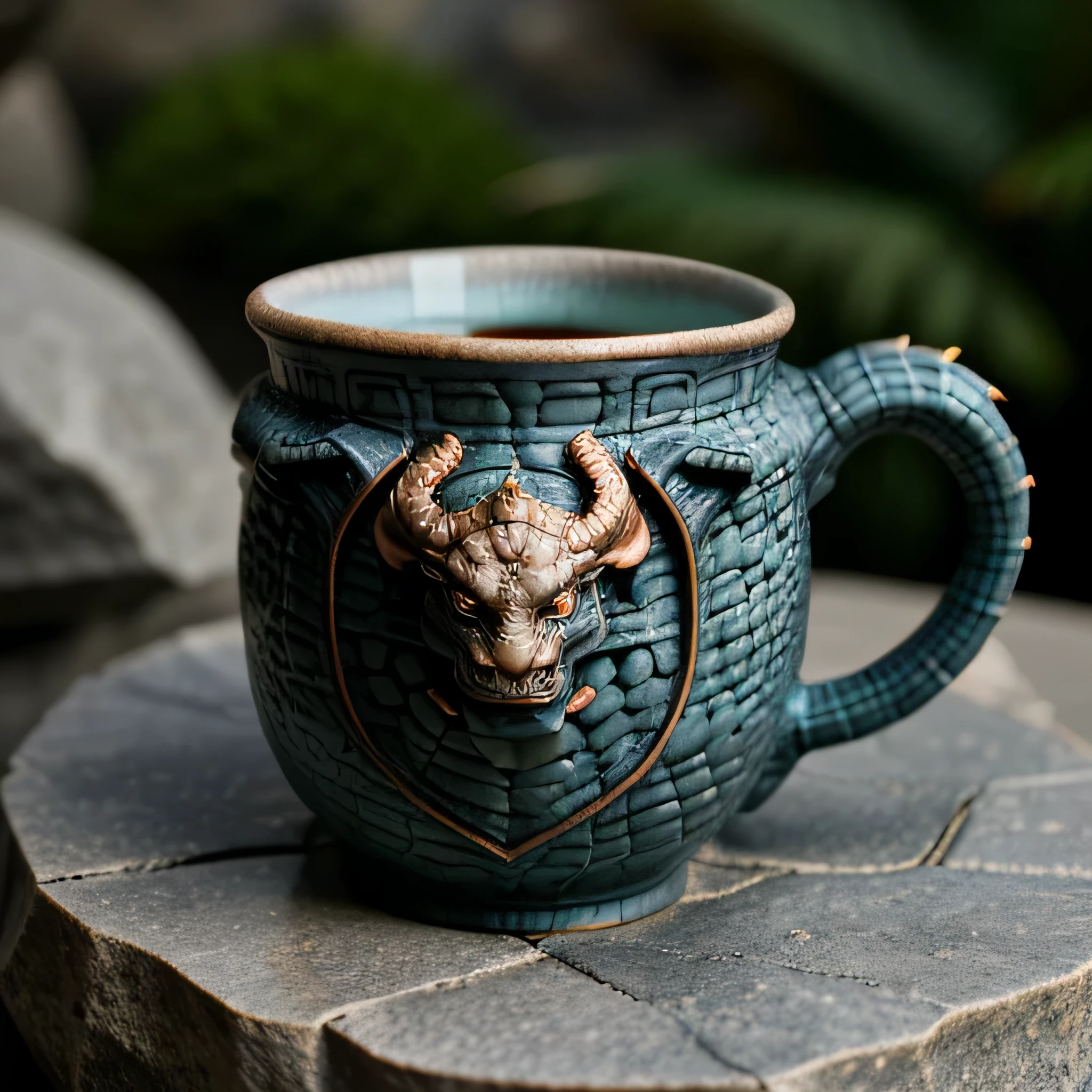 dragon pattern cup, the dragon's head is in the middle, the cup is on the stone, the dragon's body surrounds the cup