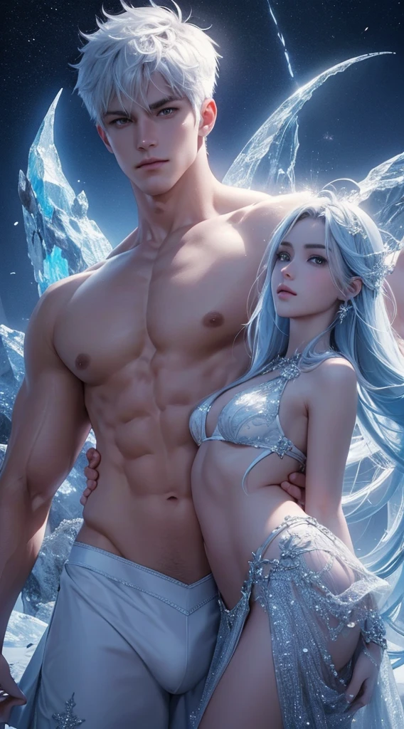 Half body shot a beautiful couple, very handsome hunky celestial white super bulge shirtless Jack Frost and very beautiful and sexyness celestial white ice Princess , standing firmly face frontal camera focus asymmetrical face details,charachter, beautiful, devian art, trending artstation, digital art, detailed, realistic, humanoide, character,cinematic sho ,cinematic lights, high textures, high resolution, dreamlikeart, 8k, highly detailed, stabilized diffusion