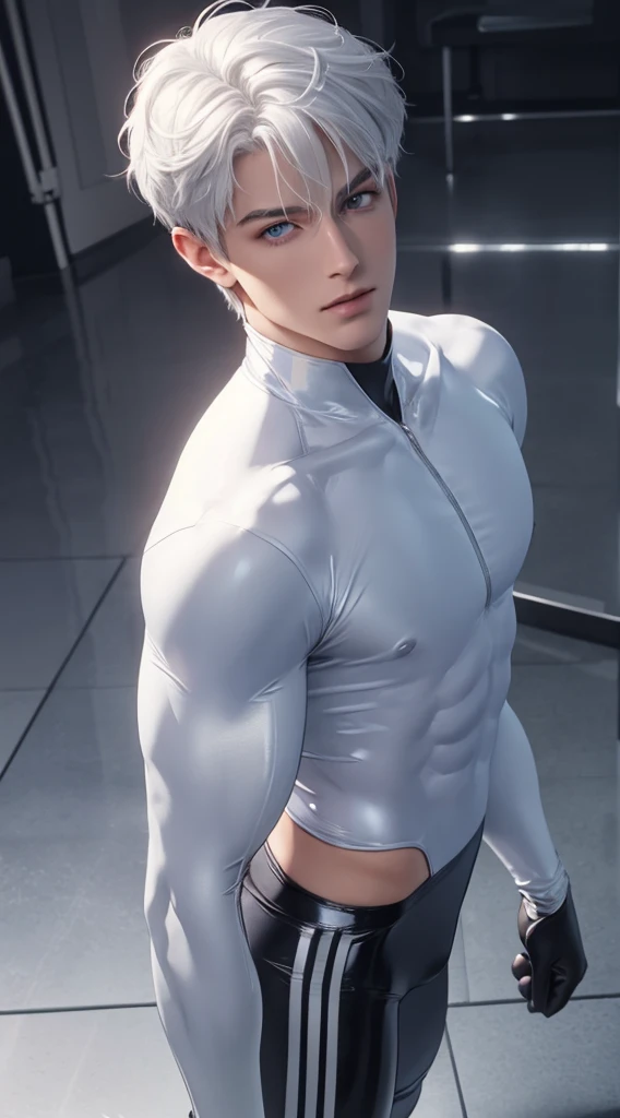 Full body photorealistic 4k, high resolution, best quality, masterpiece, perfect color, perfect shade, perfect lighting, Posted by e621, ((portrait)), ((handsome man Superboy)), perfect male figure, Short hair details，chest muscles，abdominal muscles，wearing white and silver tight fit latex spandex and gloves，Detailed face, perfect face, (stood up), Detailed background, ((Bonifasco Lighting)), (delicate eyes),),white hair