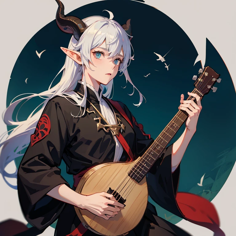 elf ears, goat horns, bard with lute. Choso appearance from Jujutsu Kaisen