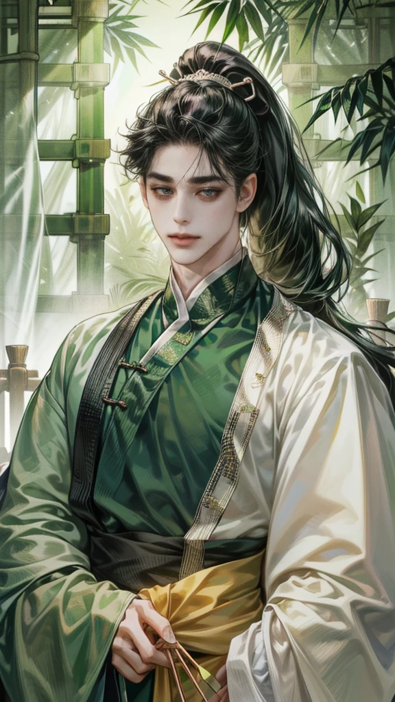 beautiful youth, a bright smile,All green clothing,(absurdres, highres, ultra detailed, HDR), masterpiece, best quality, (1 boy) , boy character ,((Thick ,black, long hair)),beautiful face,detailed interior, detailed character,((man)),(male in bamboo forest), black hair,he smile,1man,the house of ancient China, beautiful man with long black hair and black eyes,((solo man)),long hair,((he has a Big eyes, charming lips, slim nose and small face)),(A thin man wore a green Chinese robe and had his hair pulled back in a ponytail),(thin body),position,ponytied it with accessories,(Men with small, narrow shoulders),ponytied with accessories,one boy,eyes focus, beautiful eyes, Man ties his hair in a ponytail,green chinese dress,(He holds a folding fan front face),sweet looking,sweet pretty face,slim body,black hair, black eyes, hanfu, (folding fan:1.2), martial arts, blood, bamboo forest, enemy