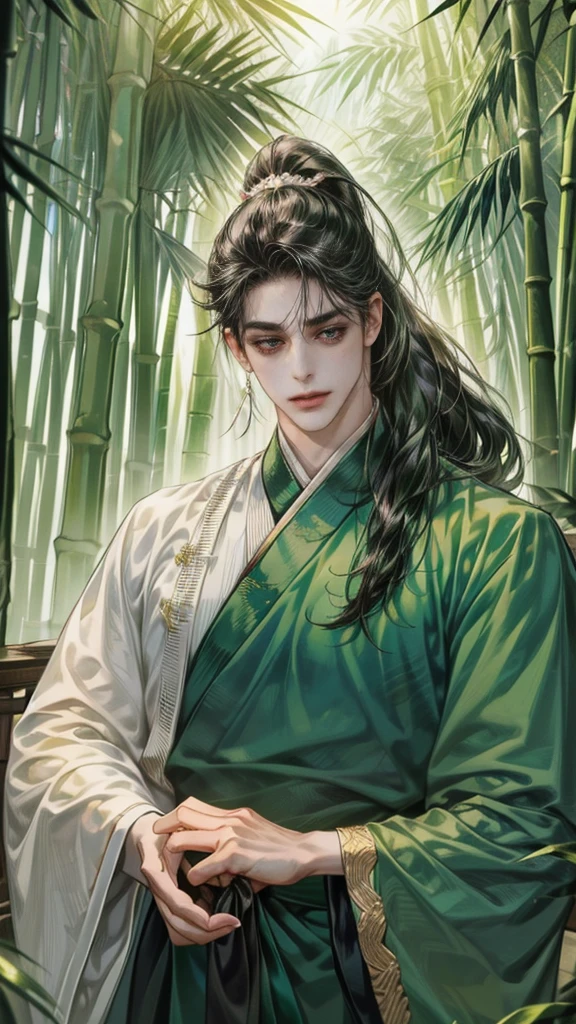 beautiful youth, a bright smile,All green clothing,(absurdres, highres, ultra detailed, HDR), masterpiece, best quality, (1 boy) , boy character ,((Thick ,black, long hair)),beautiful face,detailed interior, detailed character,((man)),(male in bamboo forest), black hair,he smile,1man,the house of ancient China, beautiful man with long black hair and black eyes,((solo man)),long hair,((he has a Big eyes, charming lips, slim nose and small face)),(A thin man wore a green Chinese robe and had his hair pulled back in a ponytail),(thin body),position,ponytied it with accessories,(Men with small, narrow shoulders),ponytied with accessories,one boy,eyes focus, beautiful eyes, Man ties his hair in a ponytail,green chinese dress,(He holds a folding fan front face),sweet looking,sweet pretty face,slim body,black hair, black eyes, hanfu, (folding fan:1.2), martial arts, blood, bamboo forest, enemy