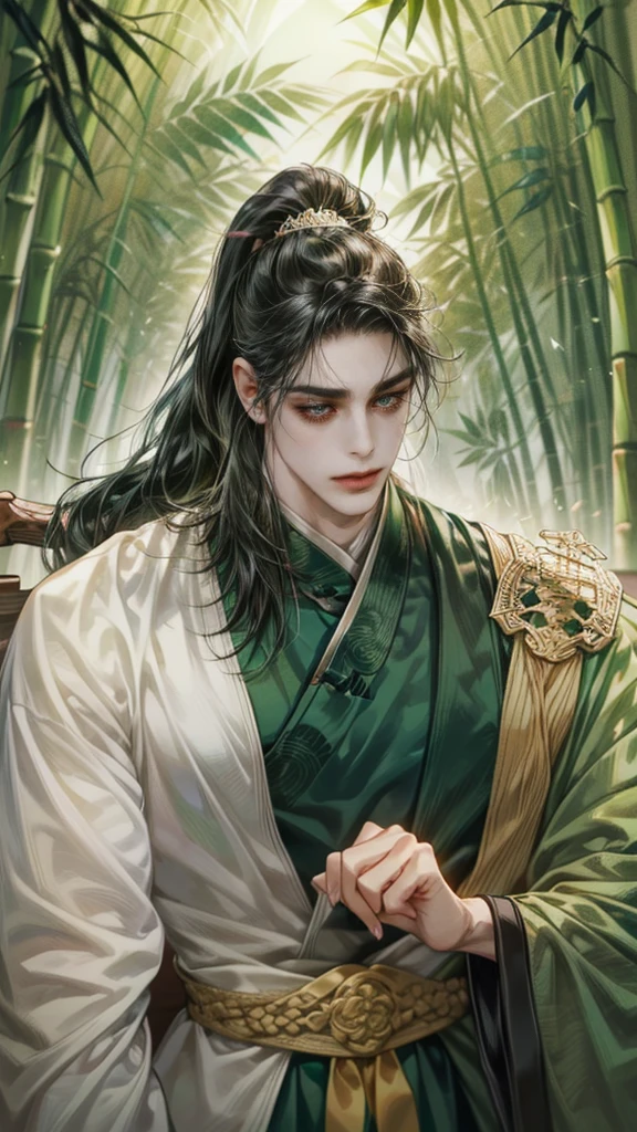 beautiful youth, a bright smile,All green clothing,(absurdres, highres, ultra detailed, HDR), masterpiece, best quality, (1 boy) , boy character ,((Thick ,black, long hair)),beautiful face,detailed interior, detailed character,((man)),(male in bamboo forest), black hair,he smile,1man,the house of ancient China, beautiful man with long black hair and black eyes,((solo man)),long hair,((he has a Big eyes, charming lips, slim nose and small face)),(A thin man wore a green Chinese robe and had his hair pulled back in a ponytail),(thin body),position,ponytied it with accessories,(Men with small, narrow shoulders),ponytied with accessories,one boy,eyes focus, beautiful eyes, Man ties his hair in a ponytail,green chinese dress,(He holds a folding fan front face),sweet looking,sweet pretty face,slim body,black hair, black eyes, hanfu, (folding fan:1.2), martial arts, blood, bamboo forest, enemy