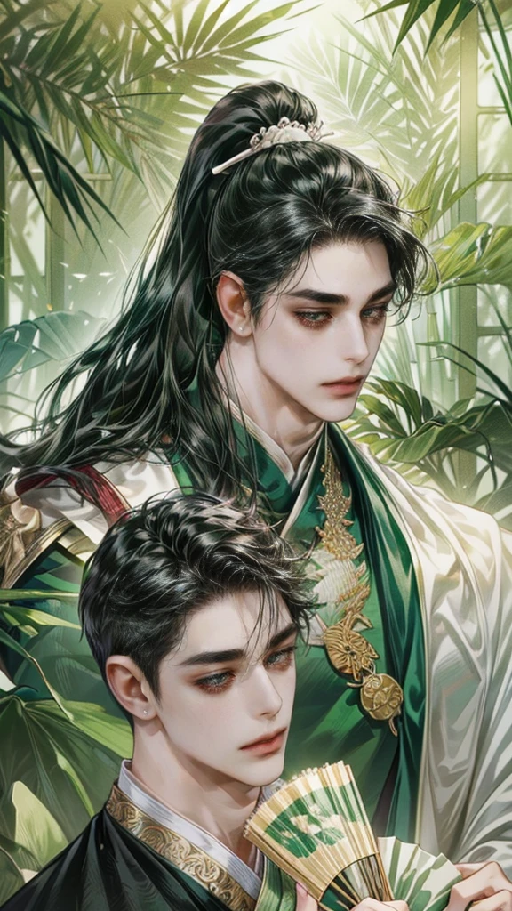 beautiful youth, a bright smile,All green clothing,(absurdres, highres, ultra detailed, HDR), masterpiece, best quality, (1 boy) , boy character ,((Thick ,black, long hair)),beautiful face,detailed interior, detailed character,((man)),(male in bamboo forest), black hair,he smile,1man,the house of ancient China, beautiful man with long black hair and black eyes,((solo man)),long hair,((he has a Big eyes, charming lips, slim nose and small face)),(A thin man wore a green Chinese robe and had his hair pulled back in a ponytail),(thin body),position,ponytied it with accessories,(Men with small, narrow shoulders),ponytied with accessories,one boy,eyes focus, beautiful eyes, Man ties his hair in a ponytail,green chinese dress,(He holds a folding fan front face),sweet looking,sweet pretty face,slim body,black hair, black eyes, hanfu, (folding fan:1.2), martial arts, blood, bamboo forest, enemy