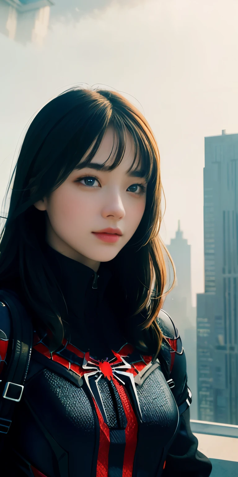 (1girl:1.3), Solo, (((Very detailed face)))), ((Very detailed eyes and face)))), Beautiful detail eyes, Body parts__, Official art, Unified 8k wallpaper, Super detailed, beautiful and beautiful, beautiful, masterpiece, best quality, original, masterpiece, super fine photo, best quality, super high resolution, realistic realism, sunlight, full body portrait, amazing beauty, dynamic pose, delicate face, vibrant eyes, (from the front), She wears Spider-Man suit, red and black color scheme, spider, very detailed city roof background, rooftop, overlooking the city, detailed face, detailed complex busy background, messy, gorgeous, milky white, highly detailed skin, realistic skin details, visible pores, clear focus, volumetric fog, 8k uhd, DSLR, high quality, film grain, fair skin, photo realism, lomography, futuristic dystopian megalopolis, translucent
