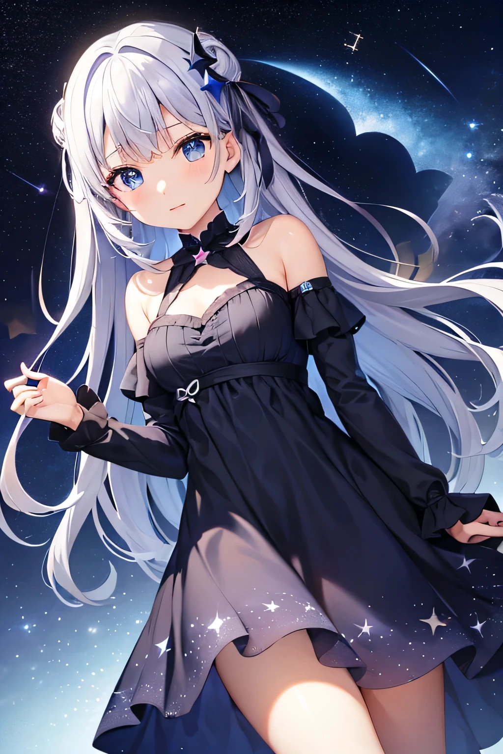 girl、Star pattern dress、night sky、moonlight、Dreaming expression、Gaze at the stars、Deep blue and black gradation、Glowing stars、Comfortable relaxation、Dreamy imagination