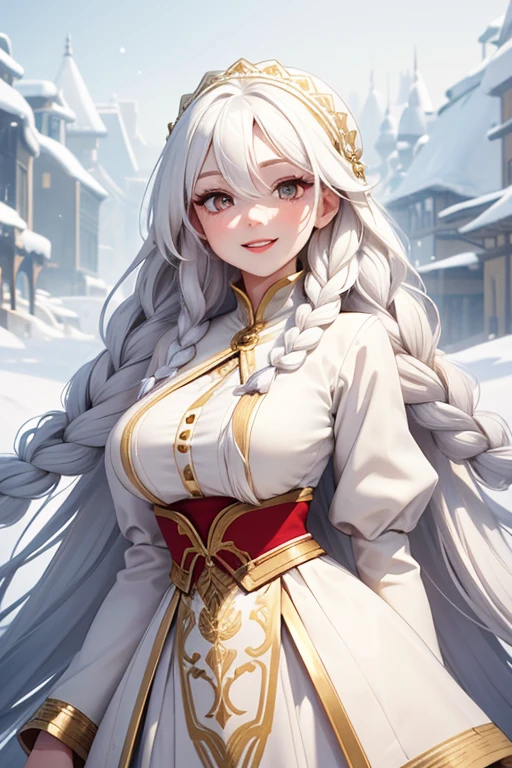 best quality, masterpiece,white hair, gold eyes,white clothes, looking up, upper body,hair strand long hair,Fair skin,side braids with coloured threads braided in them. Large bosom, extremely thin waist, exstremely thin hips. large red lips. Wide smile, gown the color of snow. Good humored whimsical full face.
