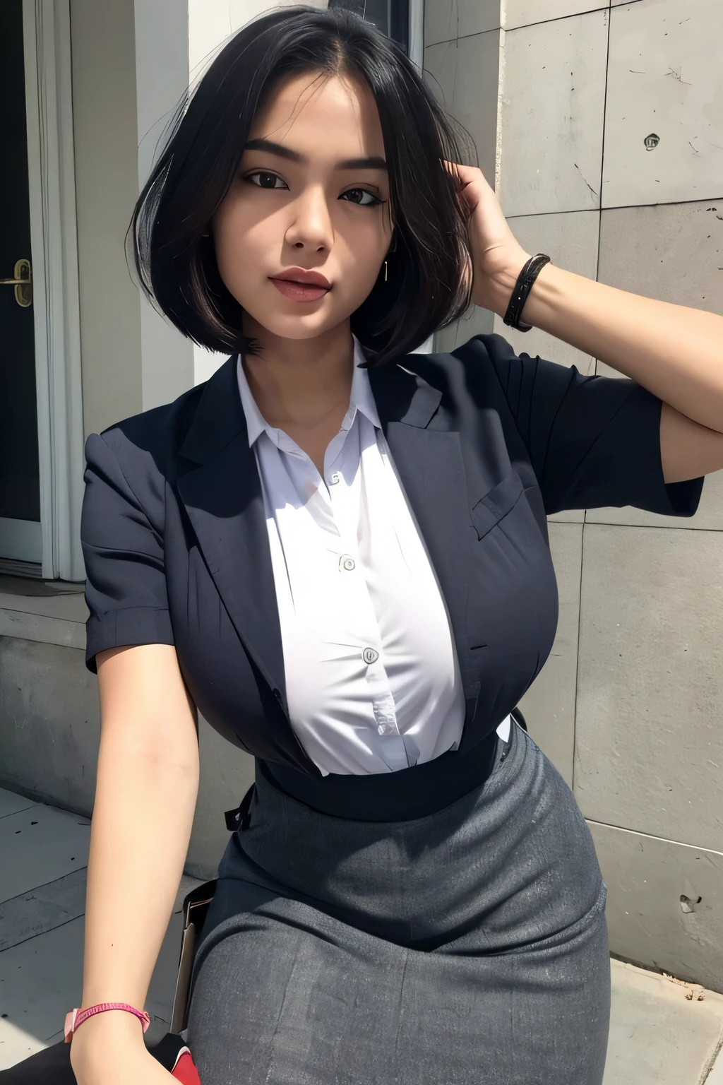 Divide Ratio : 1,1,1 Base Ratio: perfect dynamic composition:1.2,beauty, ((beautiful asian girl)), ((about 18 years old)),((photorealistic)),((Hyper realistic)),((sharp focus)),(highest resolution),(the most absurd quality),(masterpiece),((natural, soft lighting during the day)),fashion supermodel,((best high quality real texture skin)),(Highly quality texture hair),((bob hair)Intricately detailed:1.44)),(perfect proportions),(anatomically correct),((perfect female body)),((firm normal full breasts:1.2)),slim face,beautiful cheekbones,((long legs)),(fit body),(Super beautiful face),(realistic face),(highly detailed face),absurd,(Intricately detailed eyes),(tired and sleepy and satisfied:0.0),a woman's eye with a digital rendering,realistic eyes,perfect round eyes,finely detailed pupils,BREAK(brown_eyes),detailed lips,((red_lipstick)),(Detailed nose),full bodyesbian,dark shot:1.2,dynamic pose,look at the viewer,(Erotic, dynamic pose:1.4),(city),On the street, ((Earrings, bracelet, totebag)), ((glossy skin)), vibrant color, close up photo, ((gigantic breasts)), (wearing blazer, formal shirt, formal skirt :1.2)