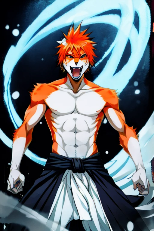 bleach style,  kurosaki ichigo, 1boy, collarbone, looking at viewer, male focus,, open mouth, orange eyes, orange hair, solo, spiked hair, spot color, teeth, upper body, upper teeth only, ((masterpiece)) , furry light blue character design very body with light blue fur, Kurosaki Ichigo