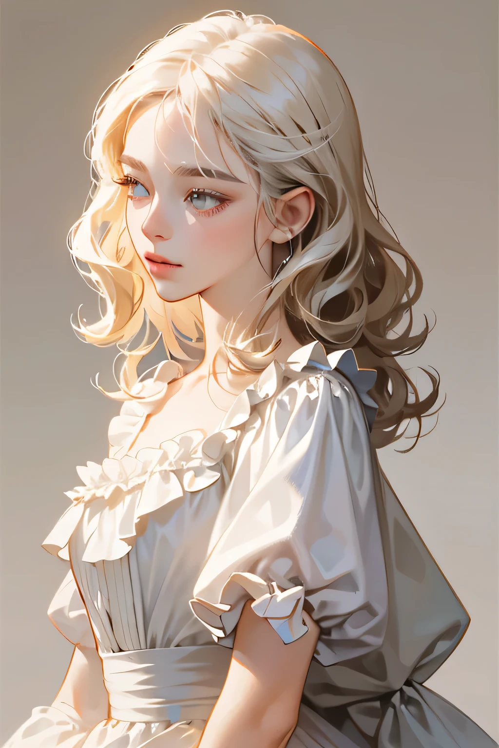 illustration style,Only one person,The whole body enters,highest quality,medium hair down to the back,curly hair,Hair is white,wearing a dress ,clothes with frills on the shoulders,Wearing a ribbon on the hair,background is white,Realism 50%,do not move