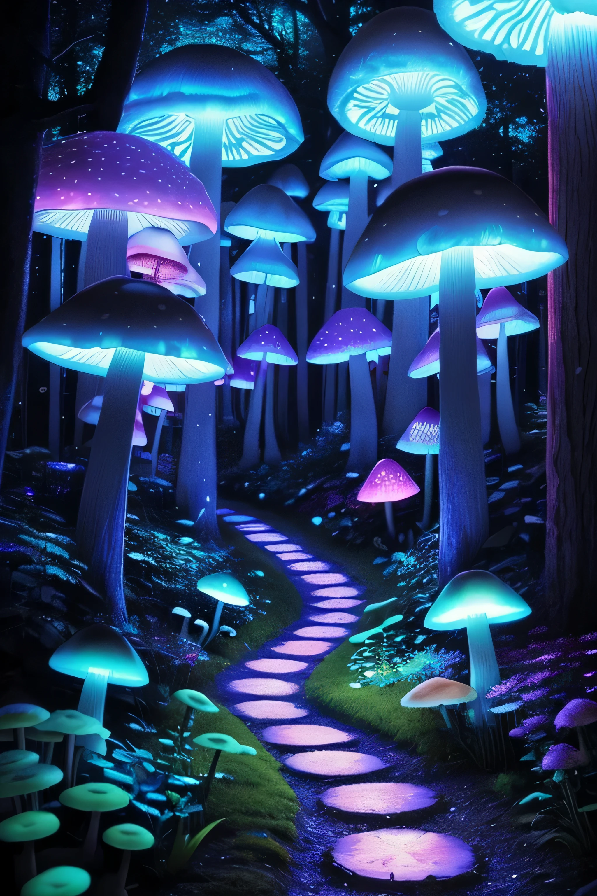 very detailedネオンアート, mushroom forest, 、forest path、 (Glowing magical bioluminescent mushrooms)、Black Light Tapestry, Amazing photo, realistic, art station, soft pastel colors, very detailed, Complex, path tracing, figure, Extremely detailed, shadow mapping volume light, specular lighting