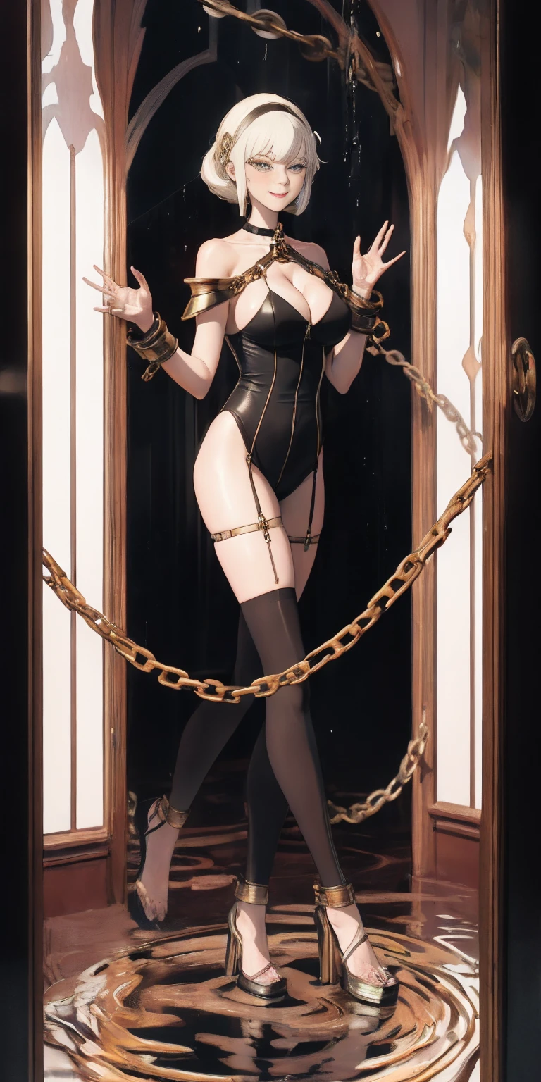 dark fantasy anime illustration of a (mature MILF BIMBO albino skin and short white hair), (FULL BODY) perfect face, wearing tight leather stealth armor, stalking, BIG KNOCKERS CLEAVAGE, lustful smirking smile red blush red cheeks, chain leash, kneeling, shackles, leather black collar slave, ((BLACK background)) hands on glass WITH KNOCKERS on glass, glass window fog water drop, 5 fingers each hand, metal handcuffs, black choker collar, thigh highs, long legs, metal ankle, metal sandals, metal shoulders, standing straight symmetrical against glass