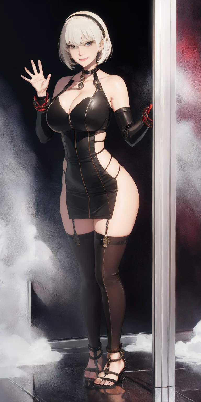 dark fantasy anime illustration of a (mature MILF BIMBO albino skin and short white hair), (FULL BODY) perfect face, wearing tight leather stealth armor, stalking, BIG KNOCKERS CLEAVAGE, lustful smirking smile red blush red cheeks, chain leash, kneeling, shackles, leather black collar slave, ((BLACK background)) hands on glass WITH KNOCKERS on glass, glass window fog water drop, 5 fingers each hand, metal handcuffs, black choker collar, thigh highs, long legs, metal ankle, metal sandals, metal shoulders, standing straight symmetrical against glass