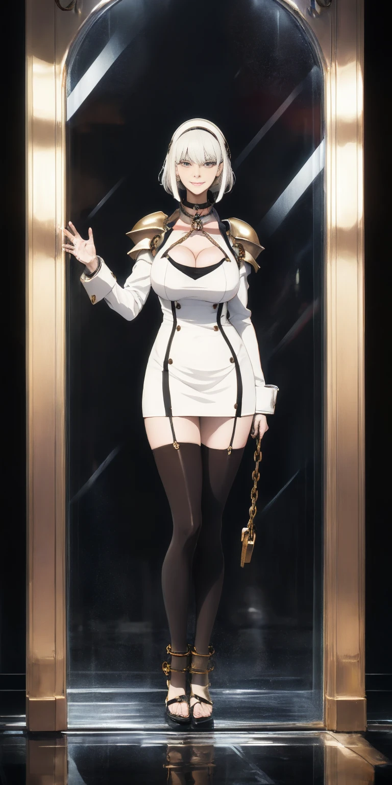 Anime female character, (masterpiece), (highest quality), (extreme quality), (super high), yorbriar, yorbriar, 1girl, standing in the elevator, the elevator door opens, the camera faces the character outside the elevator, looking at the camera, black Garter stockings, sexy, smooth thigh skin, voluptuous thighs, standing posture, bent legs, translucent stockings, charming, shy expression, slightly red eyes, long black hair, straight hair, bangs covering part of the forehead, red eyes, Fierce and shy eyes, angry expression, black bodycon dress, high slit dress, suspender design, shiny fabric, gold hairpin, gold hoop hairpin, black fingerless gloves, simple necklace, thigh strap, hands holding live dagger, metallic luster