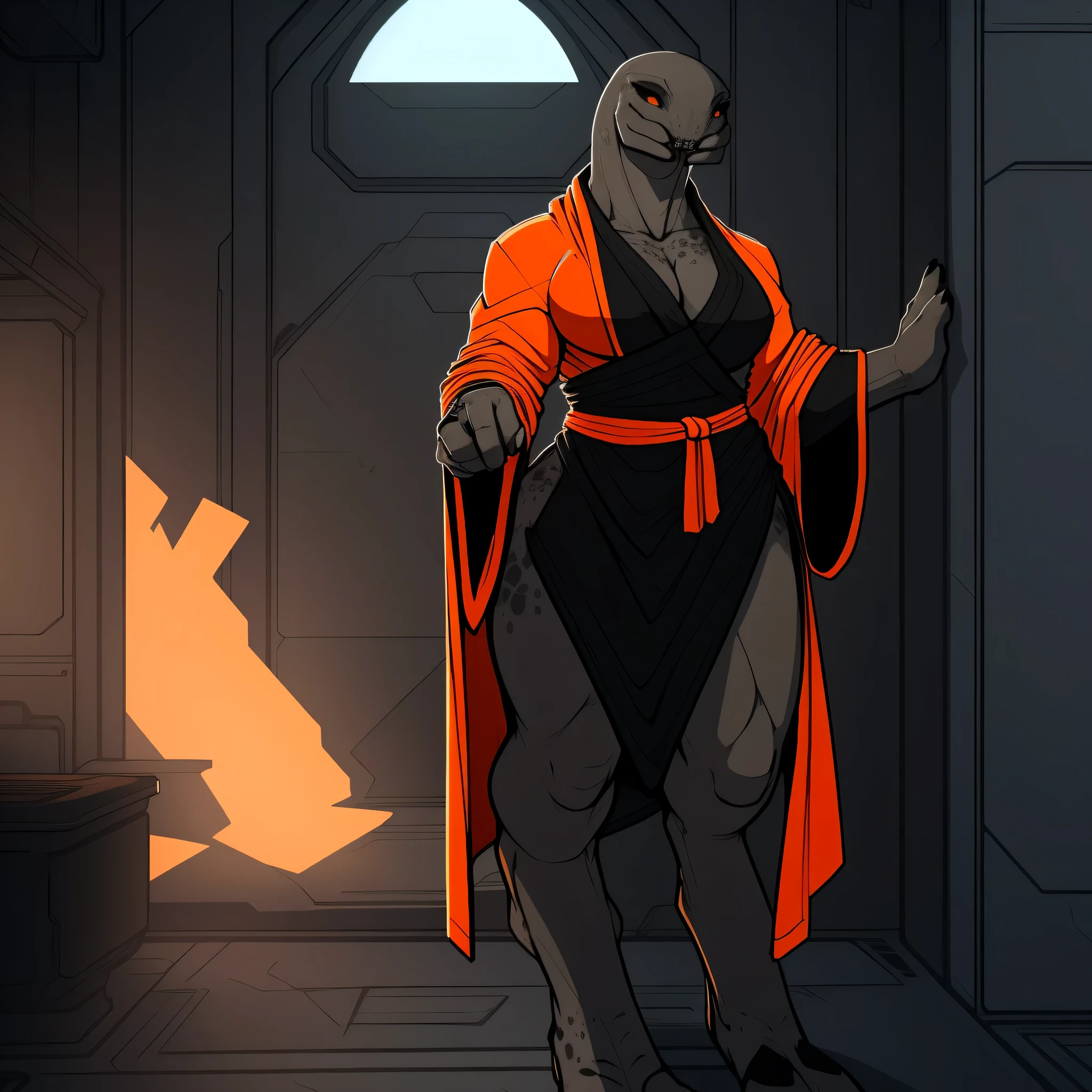 Tall_thick_bodied_Muscular_mature_sangheili female dark_gray_scaled_body orange_iris black_sclera robes solo Masterpiece best_quality absurdres highly_detailed cleanly_drawn_eyes anthro_only by_claweddrip, by_greasymojo, by_underscore-b, by_runawaystride