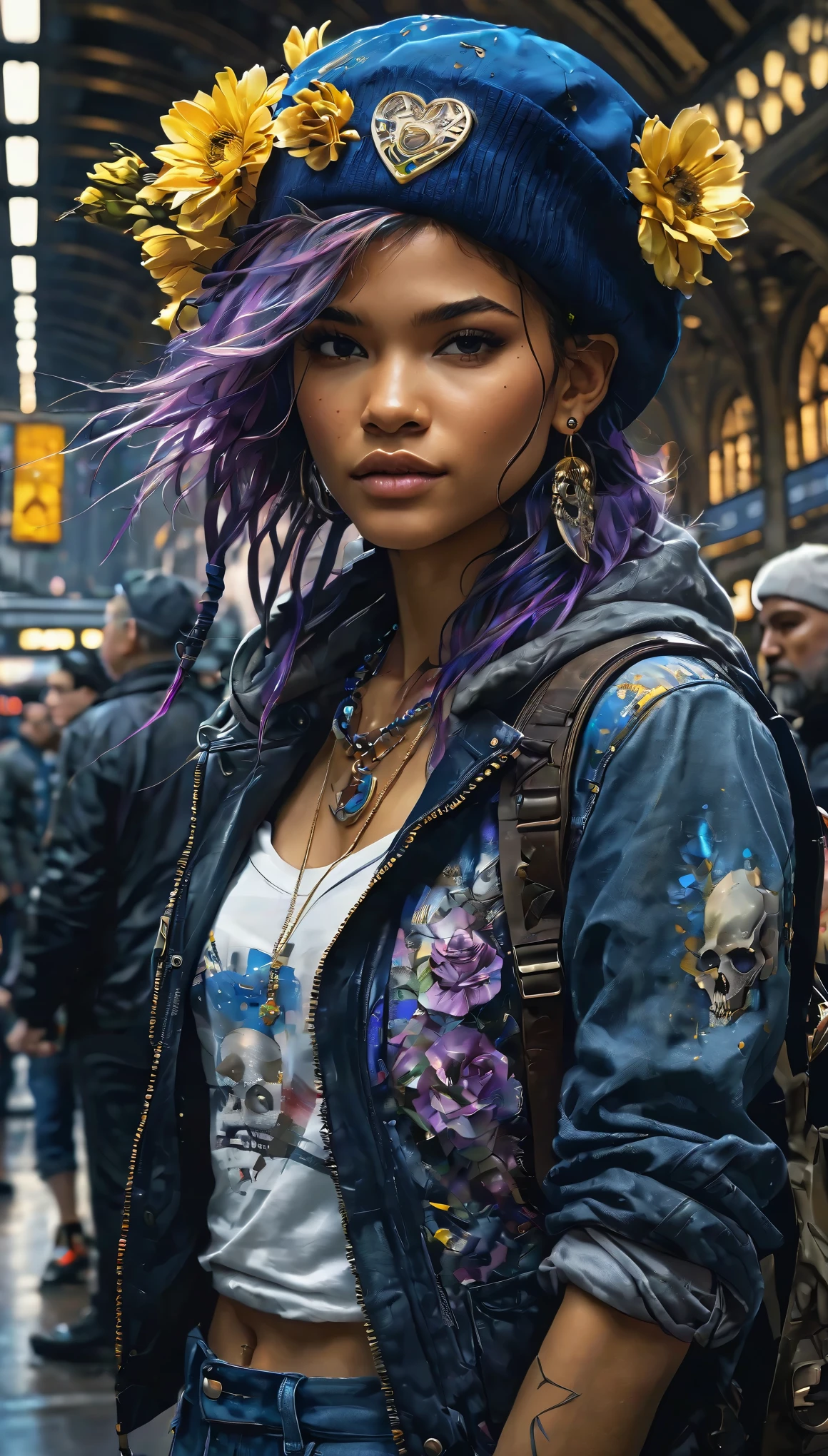 (zendaya), at the the Grand Central Terminal, cinematic, medium shot, whole head in frame, detailed face, detailed eyes, evening, punk aesthetic, pale blue ripped jeans, braces, suspenders, black boots, white shirt, skull, heart, necklace, chain, bullets, black leather jacket, dark blue beanie, tattoo sleeve, right arm, intricate design, flowers, yellowed skull, dyed hair, light purple roots, blue ends, navy T-shirt, rock, chick, messy hair, Full body, Beautiful anime waifu style girl,hyperdetailed painting, luminism, art by Carne Griffiths and Wadim Kashin concept art, dark background, abstract beauty, approaching perfection, pure form, golden ratio, minimalistic, dark atmosphere, unfinished, concept art, by Brian Froud and Carne Griffiths and Wadim Kashin and John William Waterhouse, intricate details, 8k post production, high resolution, hyperdetailed, trending on artstation, sharp focus, studio photo, intricate details, highly detailed, by greg rutkowski