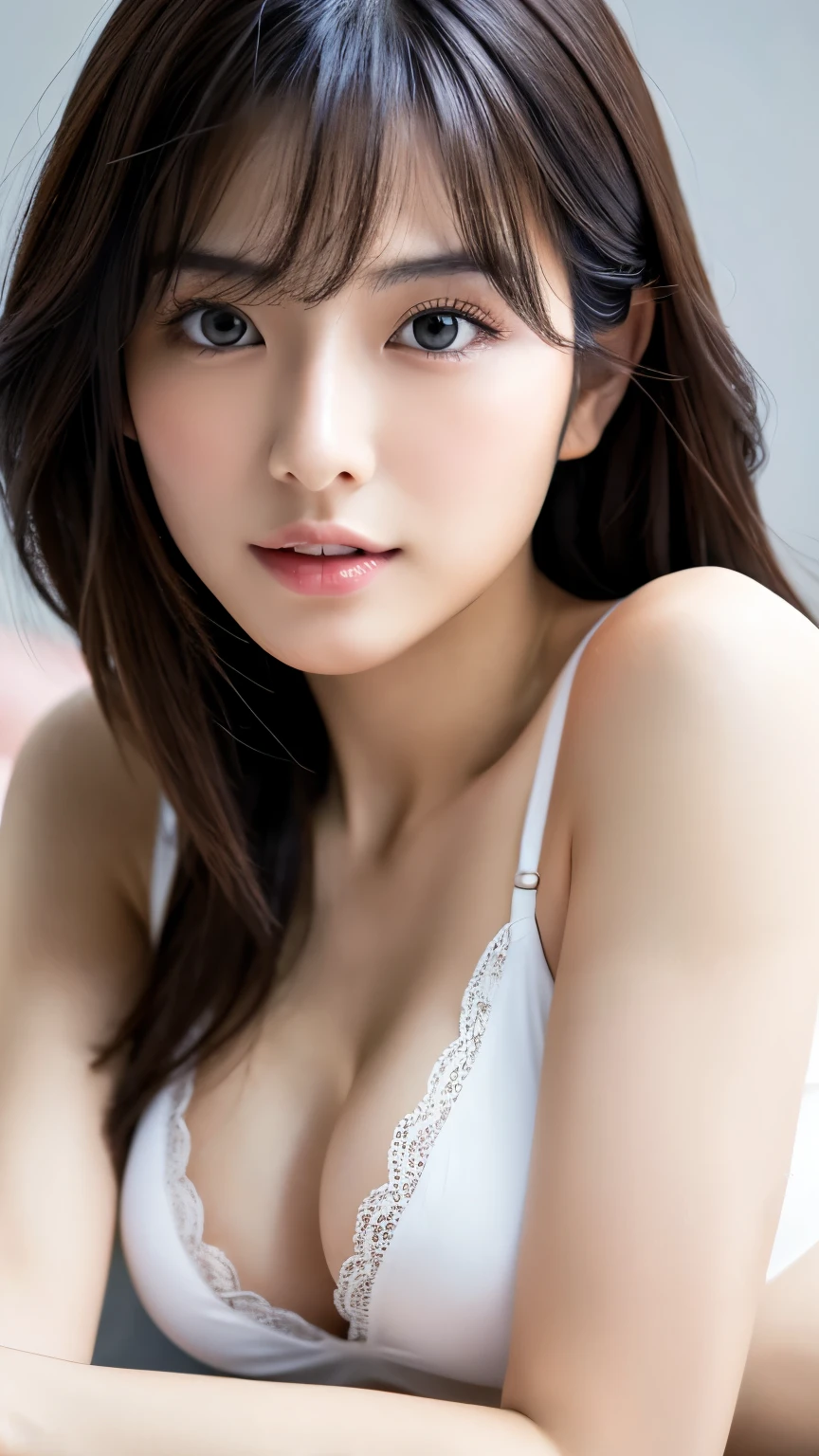 8K, As in the photo, Japanese adult beauty, table top, top quality, illustration, super detail, finely, high resolution, 8K wallpaper, perfect dynamic composition, detailed and beautiful eyes, natural lips, white tank top , no bra, big breasts, cleavage, random sexy poses, full body,