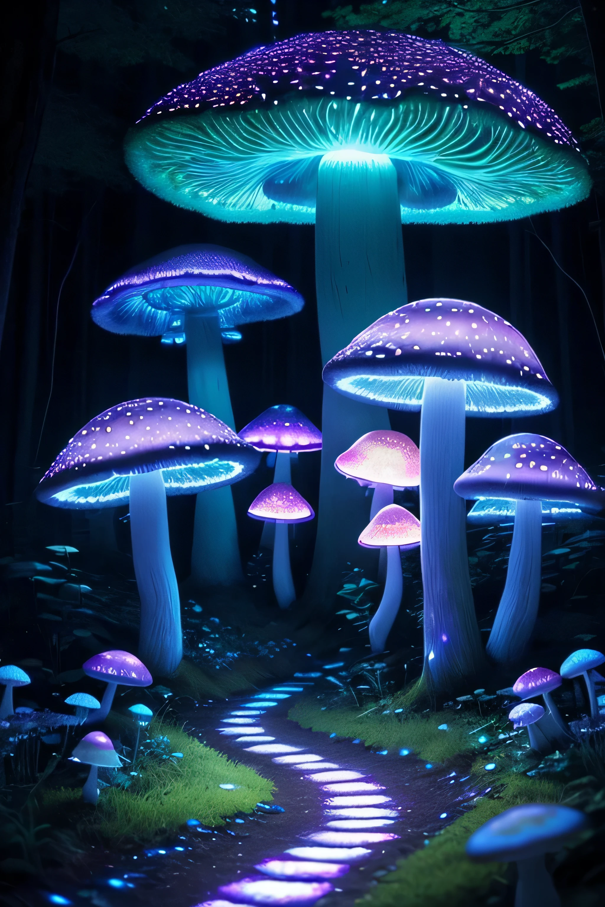 very detailedネオンアート, mushroom forest, 、forest path、 (Glowing magical bioluminescent mushrooms)、Black Light Tapestry, Amazing photo, realistic, art station, soft pastel colors, very detailed, Complex, path tracing, figure, Extremely detailed, shadow mapping volume light, specular lighting