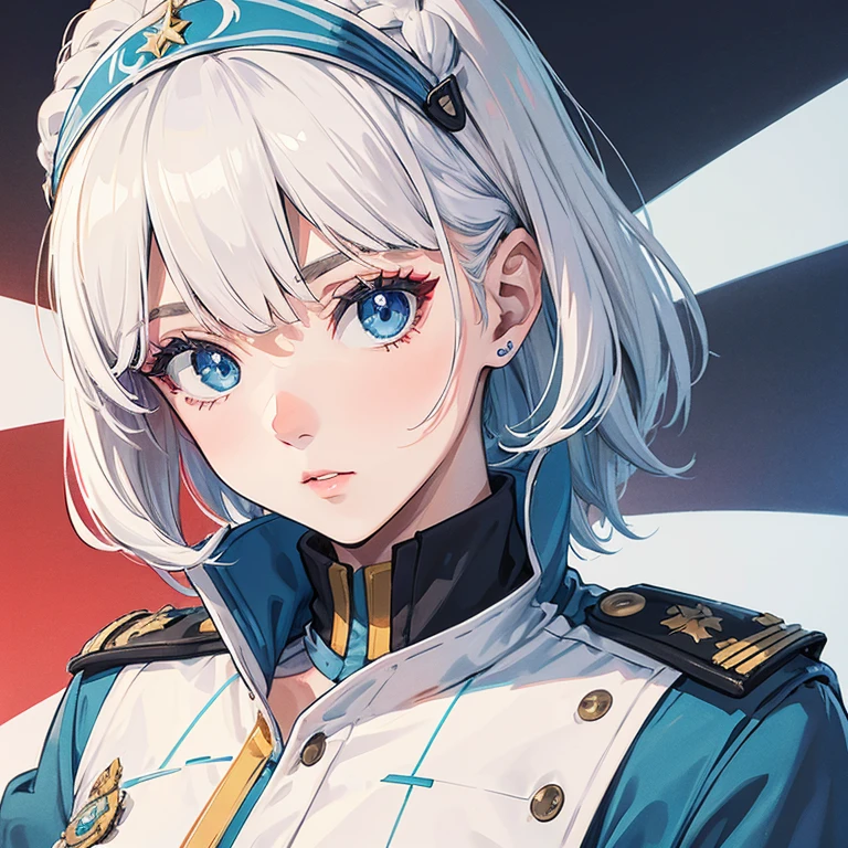 Uma linda em 2d, ela tem o cabelo branco, she has heterochromia and her left eye is red and her right eye is blue, ela usa um uniforme militar na cor roxa