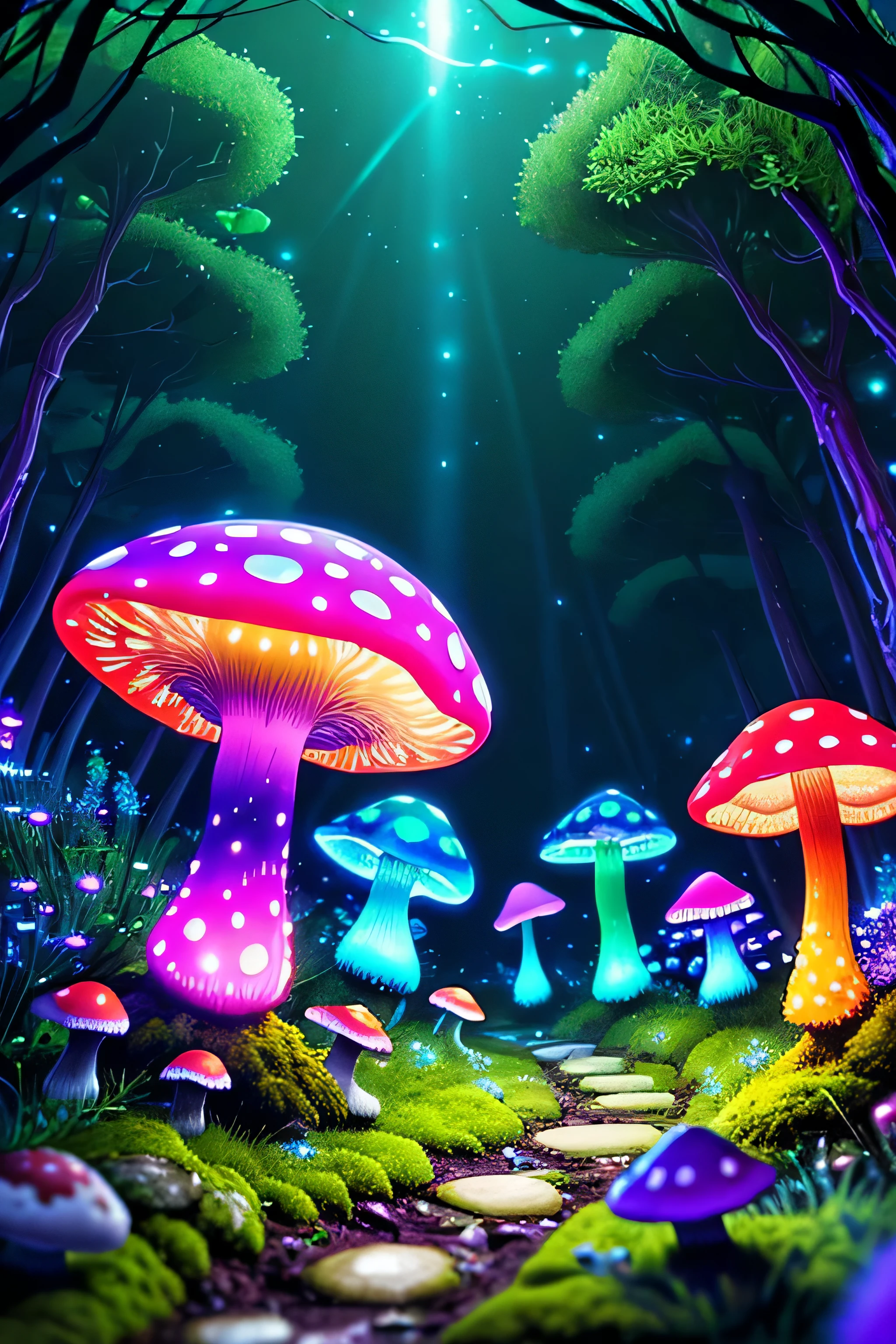 (very detailed:1.2),(highest quality:1.2),8K,sharp focus, (scattered below the surface:1.1)、forest path、
(Glowing magical bioluminescent mushrooms:1.2),psychedelic magic particles in the air,  (neon bioluminescent mushroom forest at night:1.2), (magic firefly:1.2)
(Very detailed trees、rocks and moss:1.2), (very detailed background:1.3), roleplaying game, Eldon Ring Style, (fantasy:1.3),(surreal:1.1), (((night))), movie lighting, very detailed, art station,Smooth, sharp focus, types of bacteria, Greg Rutkoski, edited pick, trending on art station, trending on deviantart, Please knock me out, (compared:0.4),