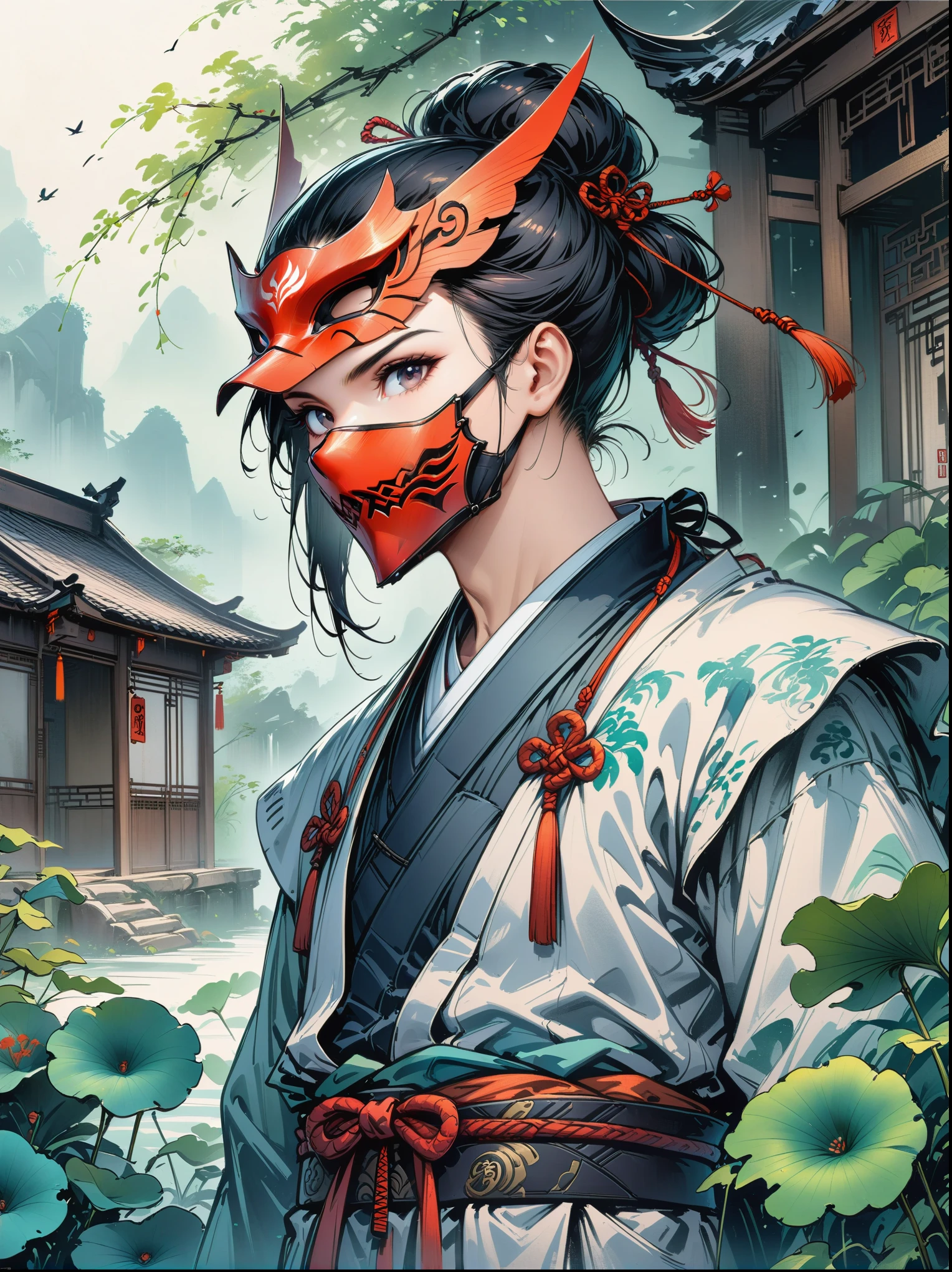 Scarlet concept art,Wearing a ninja costume with a black and red mask,Black hair combed into a bun,Bangs cover half of the face,The mask covers the mouth,Only the chin is covered,Wearing a black eye mask around the neck,portrait from waist up,stand on the wall,The back is a samurai sword,Artstation style numbers, dynamic poses,Chinese ink style,film lighting,(masterpiece, ccurate, anatomically correct, high details, best quality, 8k)