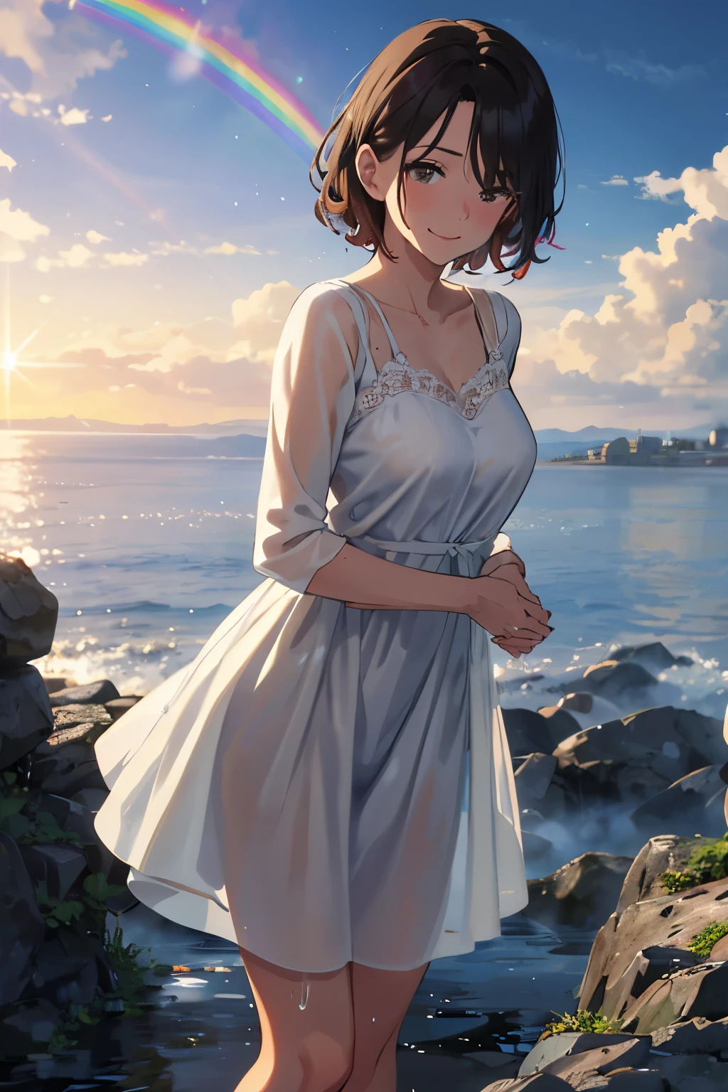 A mature woman in a wet white dress leans forward and looks at me, getting wet with impatience, the morning calm horizon, short curly brown hair, the morning sun is beautiful, a masterpiece, the big rainbow is powerful, smiling shyly from the front, blushing, shy expression.