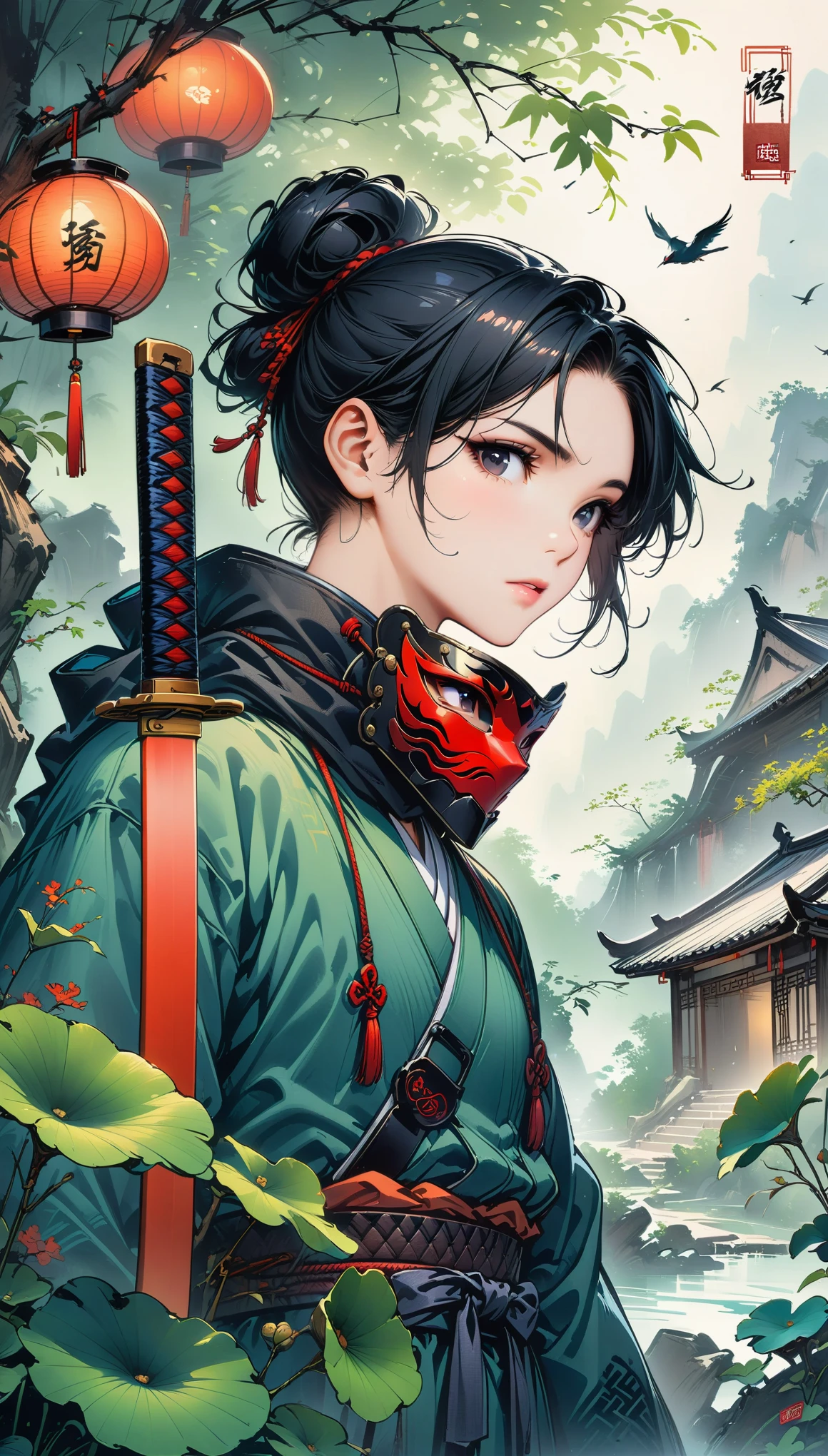Scarlet concept art,Wearing a ninja costume with a black and red mask,Black hair combed into a bun,Bangs cover half of the face,The mask covers the mouth,Only the chin is covered,Wearing a black eye mask around the neck,portrait from waist up,stand on the wall,The back is a samurai sword,Artstation style numbers, dynamic poses,Chinese ink style,film lighting,(masterpiece, ccurate, anatomically correct, high details, best quality, 8k)