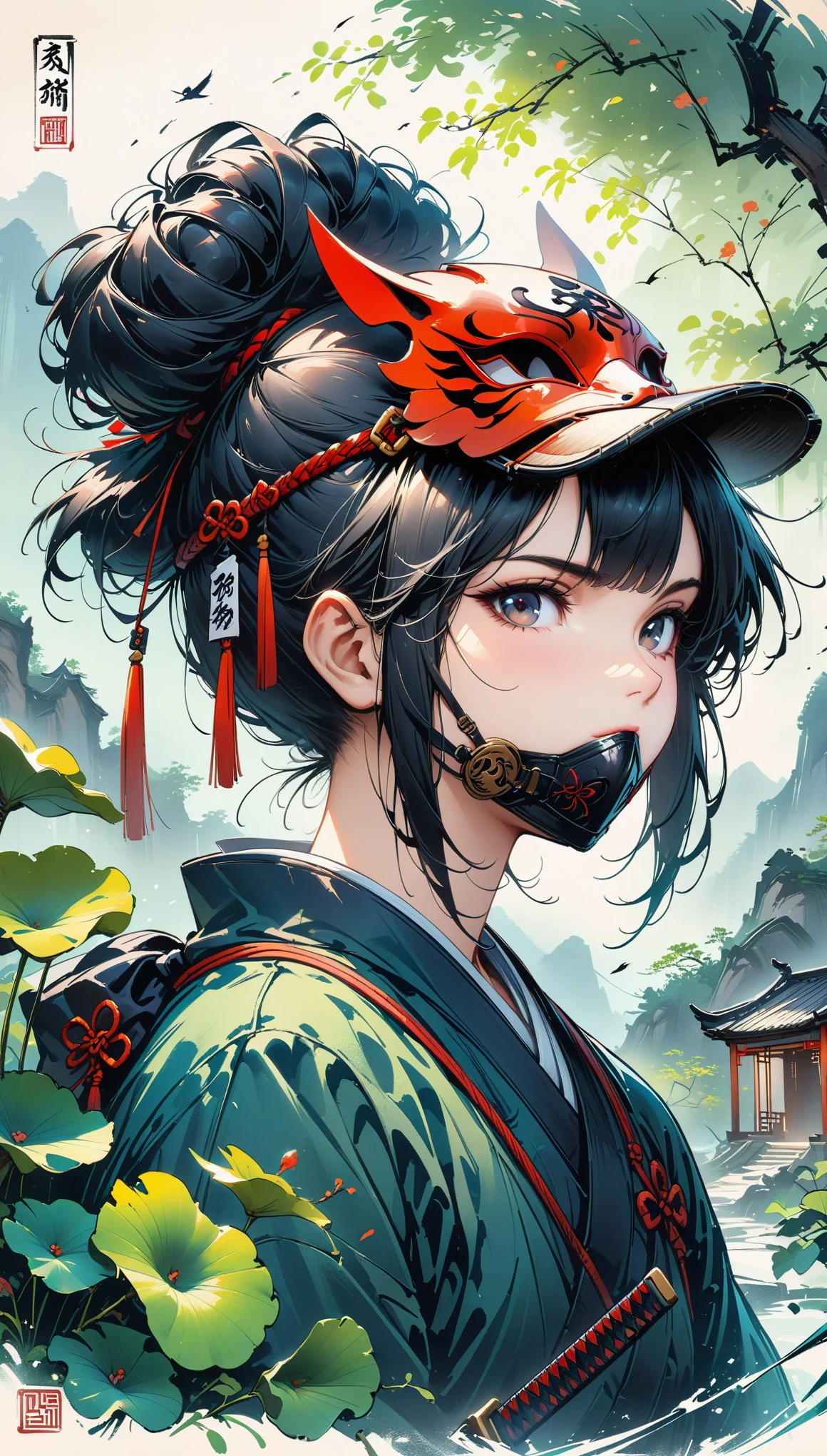 Scarlet concept art，Wearing a ninja costume with a black and red mask，Black hair combed into a bun，Bangs cover half of the face，The mask covers the mouth，Only the chin is covered，Wearing a black eye mask around the neck，portrait from waist up，stand on the wall，The back is a samurai sword，Artstation style numbers， dynamic poses，Chinese ink style，film lighting，(masterpiece, ccurate, anatomically correct, high details, best quality, 8k)