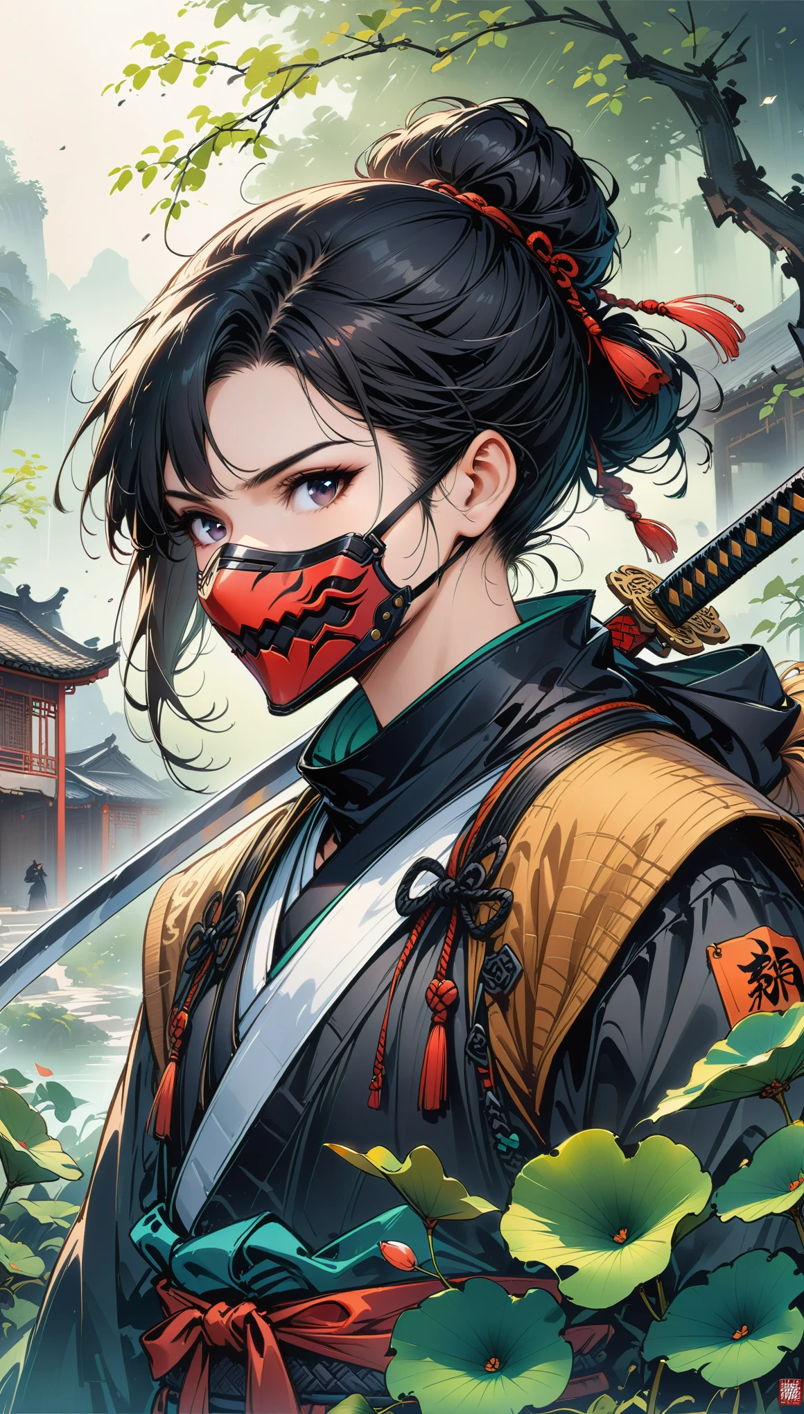 Scarlet concept art，Wearing a ninja costume with a black and red mask，Black hair combed into a bun，Bangs cover half of the face，The mask covers the mouth，Only the chin is covered，Wearing a black eye mask around the neck，portrait from waist up，stand on the wall，The back is a samurai sword，Artstation style numbers， dynamic poses，Chinese ink style，film lighting，(masterpiece, ccurate, anatomically correct, high details, best quality, 8k)