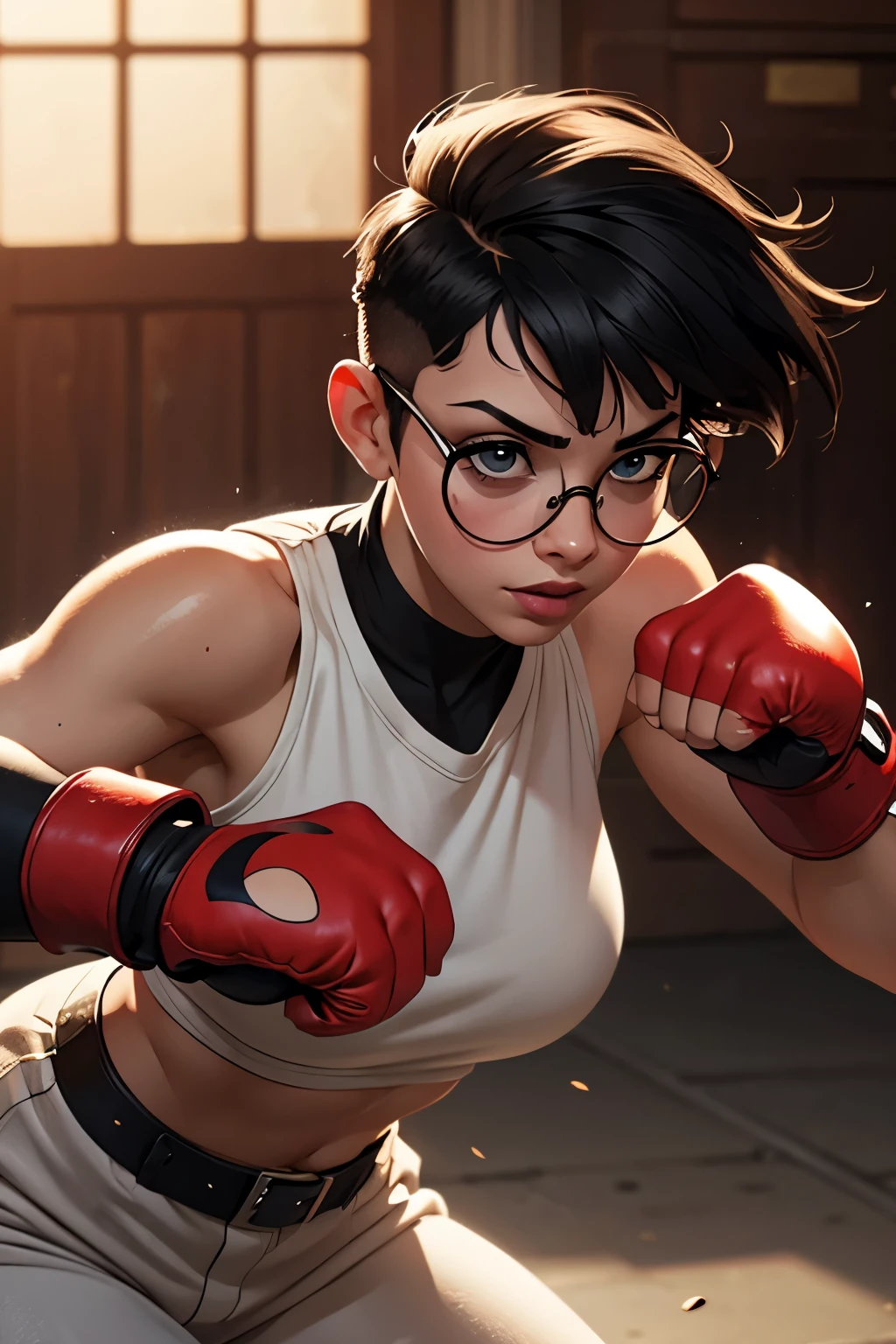 Wide angle shot, beautiful female street fighter, wearing large glasses, black undercut hair, wearing large steel knuckles