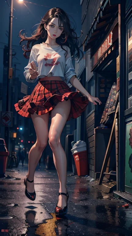 ((looking at the camera in:1.2)),(nearing perfection:1.4),dynamic,smooth private parts,Focus sharp,Lighting,Vibrant brushstrokes, bold colour,Be expressive, Emotional, offcial art,Unity8k wallpaper,ultra - detailed,Beautiful and beautiful,tmasterpiece,Best quality at best,1 girl,beautiful eyes,The content is very detailed,dynamic,(Ruffled skirt),(medium:1.3),Chaos in its most beautiful form,Elegant,designs,Vibrant colors,(Corner store,fleeing,the night,shoe),8k,