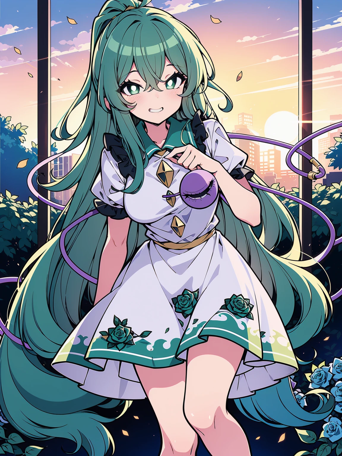 (colorful:1.1), glowing, (ultra-high resolution, depth of field:1.2), looking at viewer, (komeiji koishi:1.1), (1woman), adult, Touhou project, (medium breasts), (dark green eyes), white pupils, glowing eyes, green hair, wavy hair, (long hair), ponytail, (wearing a white summer dress:1.2). A closed blue-purplish "third eye" is positioned over her heart, with cords wrapped around her torso and attached to each of her ankles, (blue roses in the background), garden scenery, (sunset), grinning, (squinting eyes)