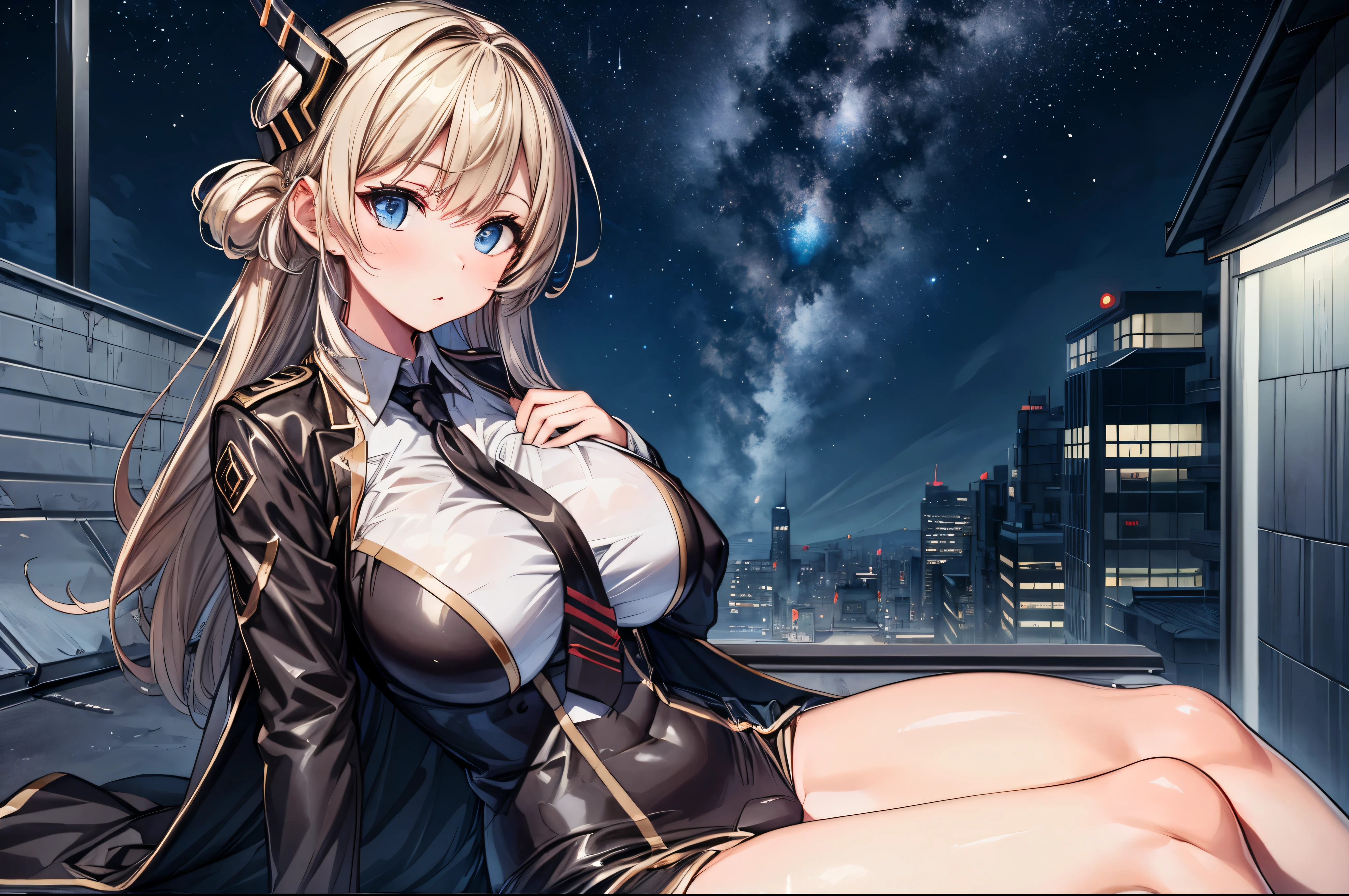 (masterpiece, best quality:1.2), intricate details, 1girl,sky striker ace raye,cityscape ,blue eyes,Blond hair, black headdress.Dark brown tie,sitting on the roof of a building,raining,stars,night,narrow bust,frontal view,(mature female:1.2),huge breasts:1.6,thin body,close up