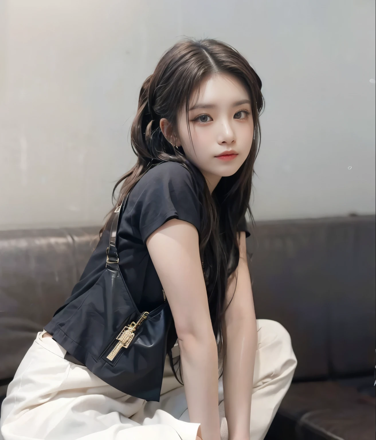 araffe woman sitting on a sofa with a black bag, con cabello largo, peinado de dos colas, peinado de coletas, asian girl con cabello largo, ulzzang, muchacha coreana, con coletas negras, Chinese girl, young asian, two peinado de coletas, una young asian, pelo largo trenzado en la parte superior de la cabeza, Cabello largo trenzado recogido