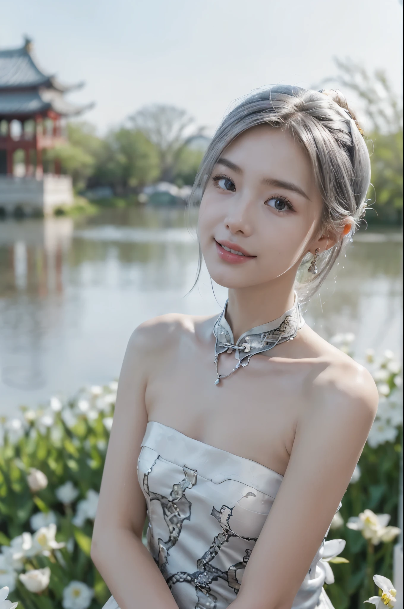  ((((8k))),((Extremely meticulous CG)) ,(wallpaper),16k,((Extremely refined and beautiful)),(((Masterpiece))),(((best qualtiy))),(((Ultra High Resolution))),beautiful light up,Perfect lightning,realistic shaded,((high resolution)),(Smooth and flawless skin:1.??????tremely exquisite facial details:1.2),(perfect body:1.2),(ultra-detailed),((A beautiful girl,solo)),(small head:1.2),(pale skin:1.3),(short ponytail:1.2),(earrings:1.2),(small face:1.2),(baby face:1.??????quisite makeup:1.2),((slim,thin)),(laughing:1.2),(happy:1.2),(necklace:1.2),(???? shoulders:1.3),(shoulder off:1.3),(strapless silver-white intensive-snake-print cheongsam:1.5),(small ???????:1.2),(day scene:1.5),(beside the lake:1.3),(outdoor:1.3),(Chinese architecture:1.2),((Stone arch bridge,pavilion,boats,distant tower)),(white flowers are in full bloom:1.2),(detailed background:1.4),(early spring:1.3),(standing:1.3),(close-up of face:1.3),(from front:1.2),